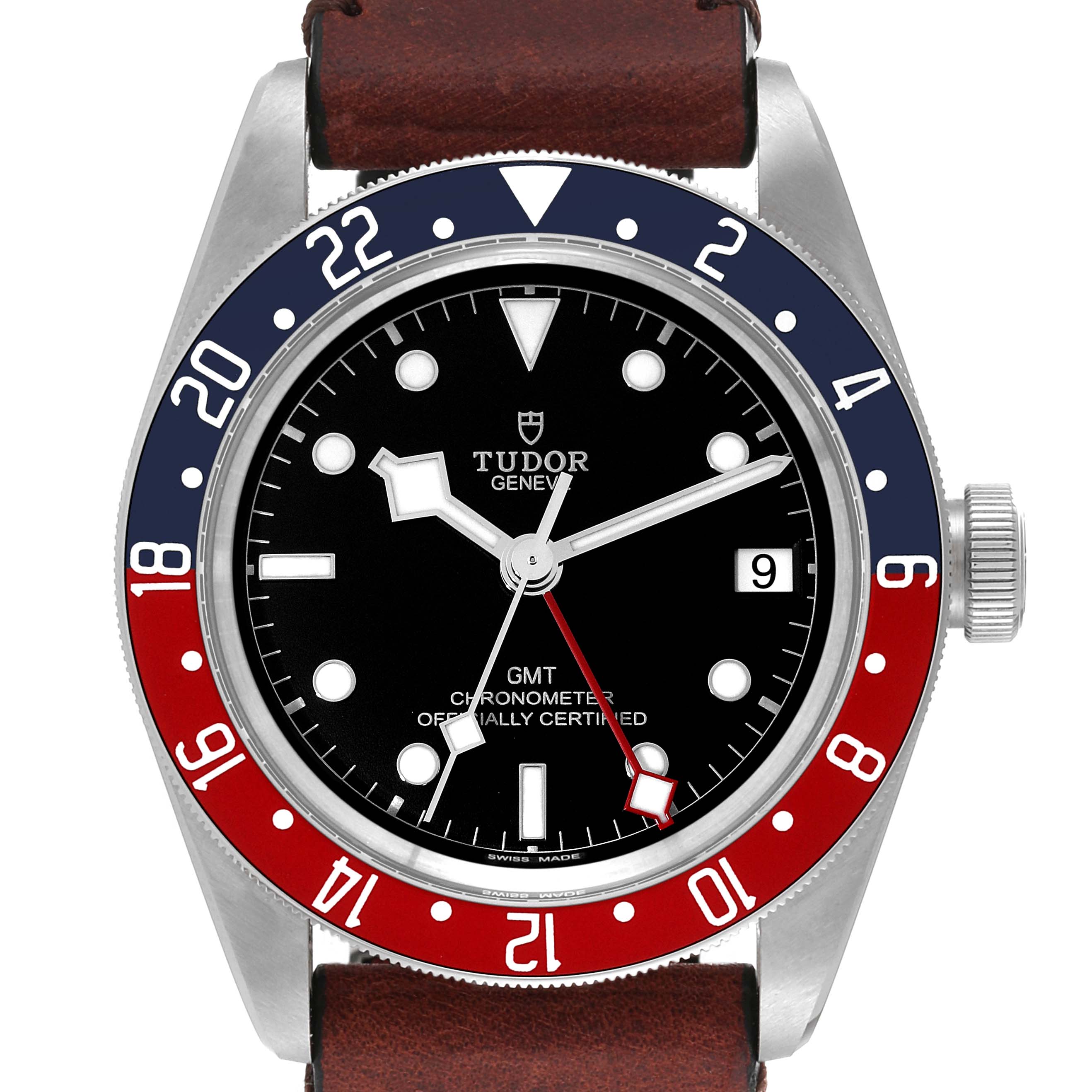 This image shows a front view of the Tudor Heritage Black Bay 79830RB Men
s Stainless Steel Black Dial 79830RB Men
s Stainless Steel Black Dial watch, highlighting its dial, bezel, and brown leather strap.