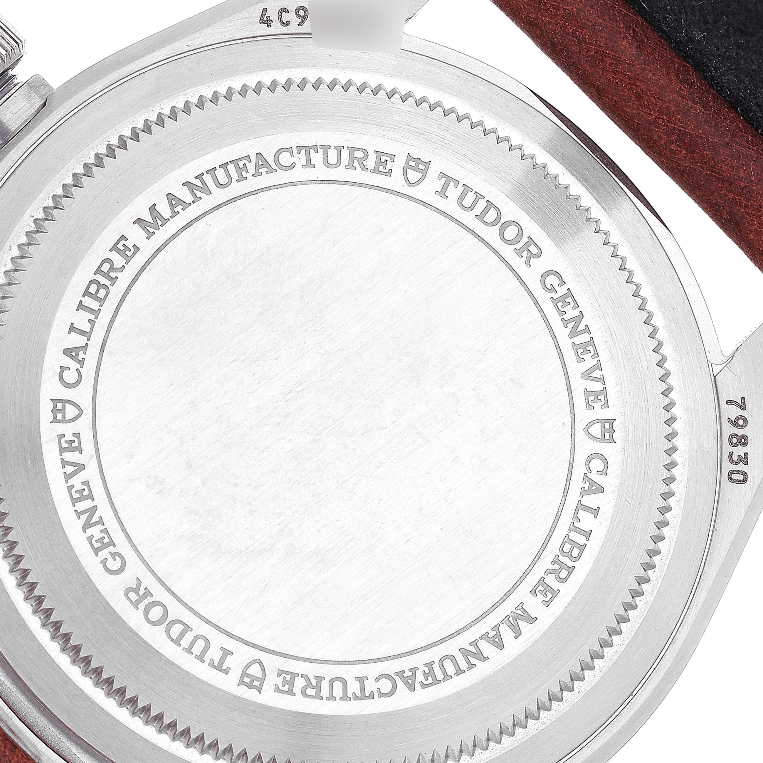 This image shows the back case of the Tudor Heritage Black Bay 79830RB Men
s Stainless Steel Black Dial 79830RB Men
s Stainless Steel Black Dial watch, highlighting the engraved details and strap attachment.