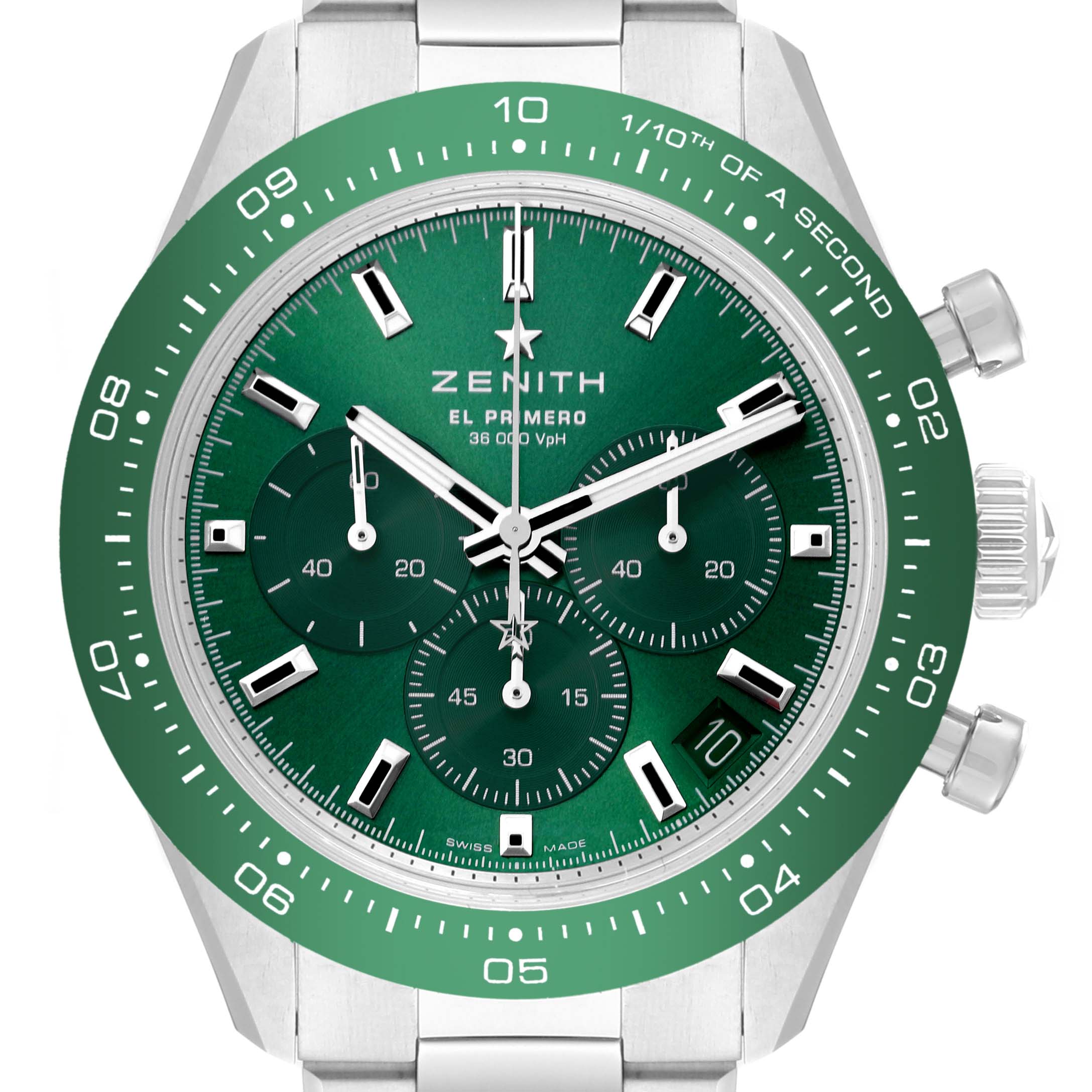 The image shows a front-facing view of the Zenith Chronomaster 03.3107.3600/56.M3100 Men
s Stainless Steel Green Dial 03.3107.3600/56.M3100 Men
s Stainless Steel Green Dial watch, highlighting its green dial and chronograph sub-dials.