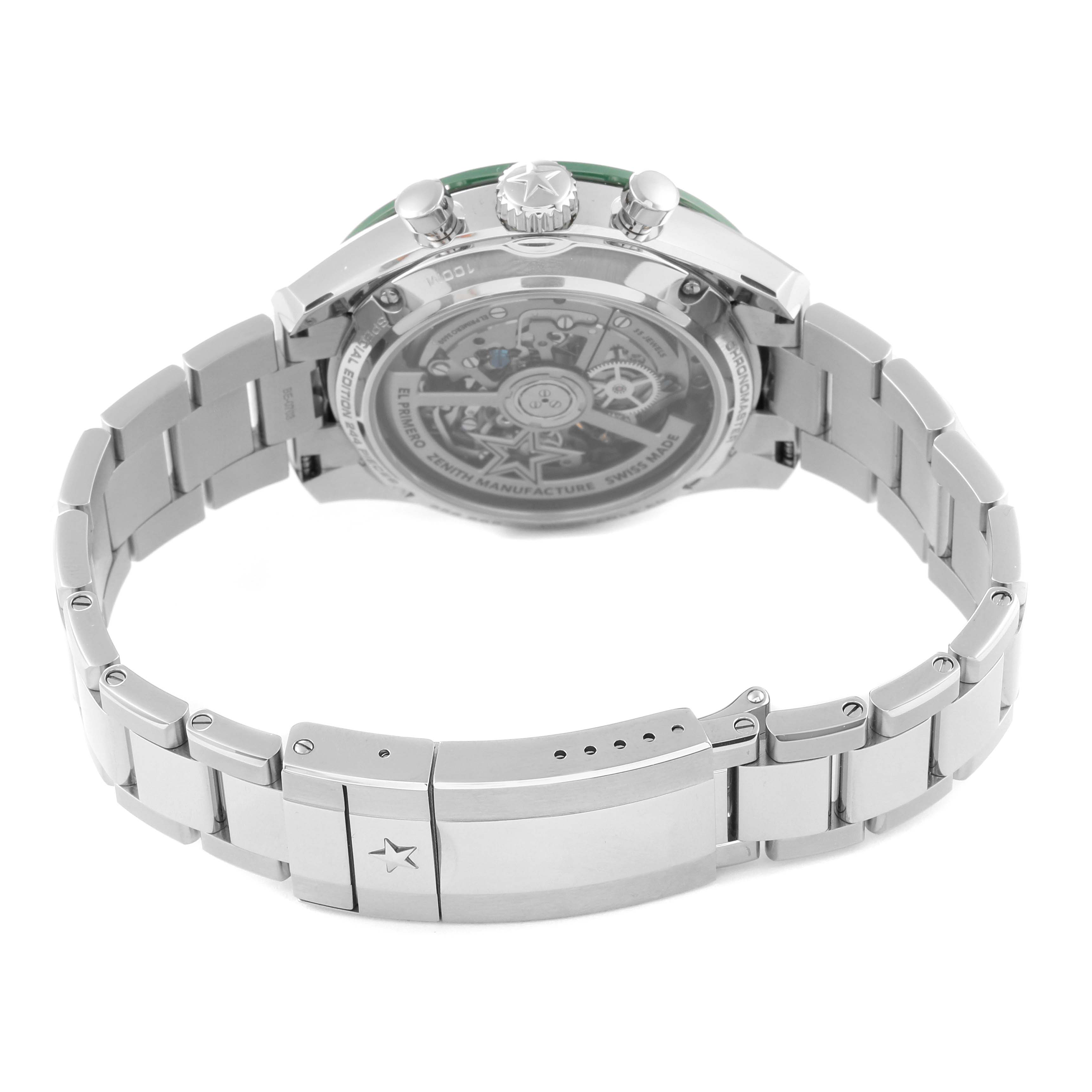 The image shows the back view of the Zenith Chronomaster 03.3107.3600/56.M3100 Men
s Stainless Steel Green Dial 03.3107.3600/56.M3100 Men
s Stainless Steel Green Dial watch, highlighting its automatic movement and metal bracelet.