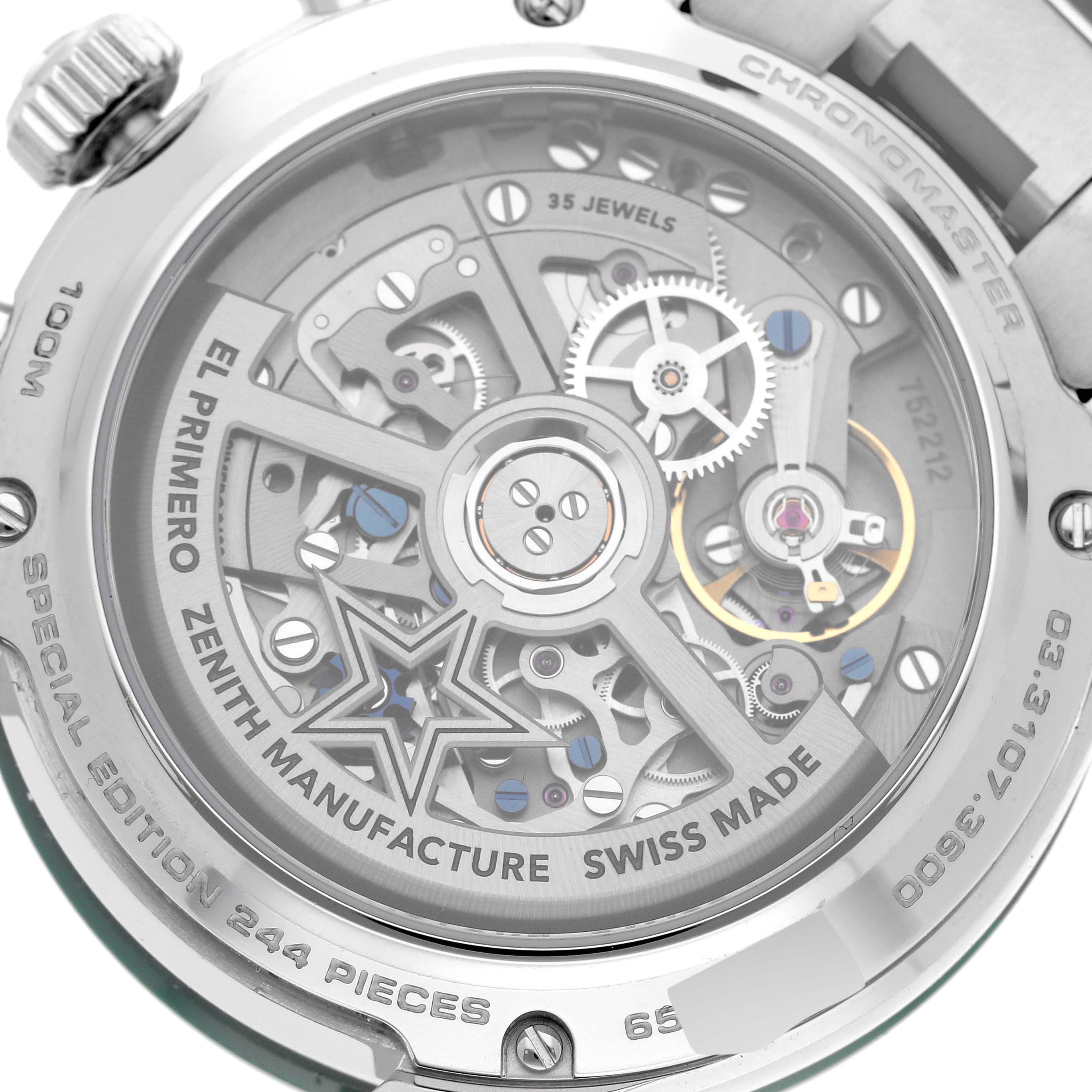 This image shows the back view of a Zenith Chronomaster 03.3107.3600/56.M3100 Men
s Stainless Steel Green Dial 03.3107.3600/56.M3100 Men
s Stainless Steel Green Dial watch, showcasing its intricate movement and engraving details.