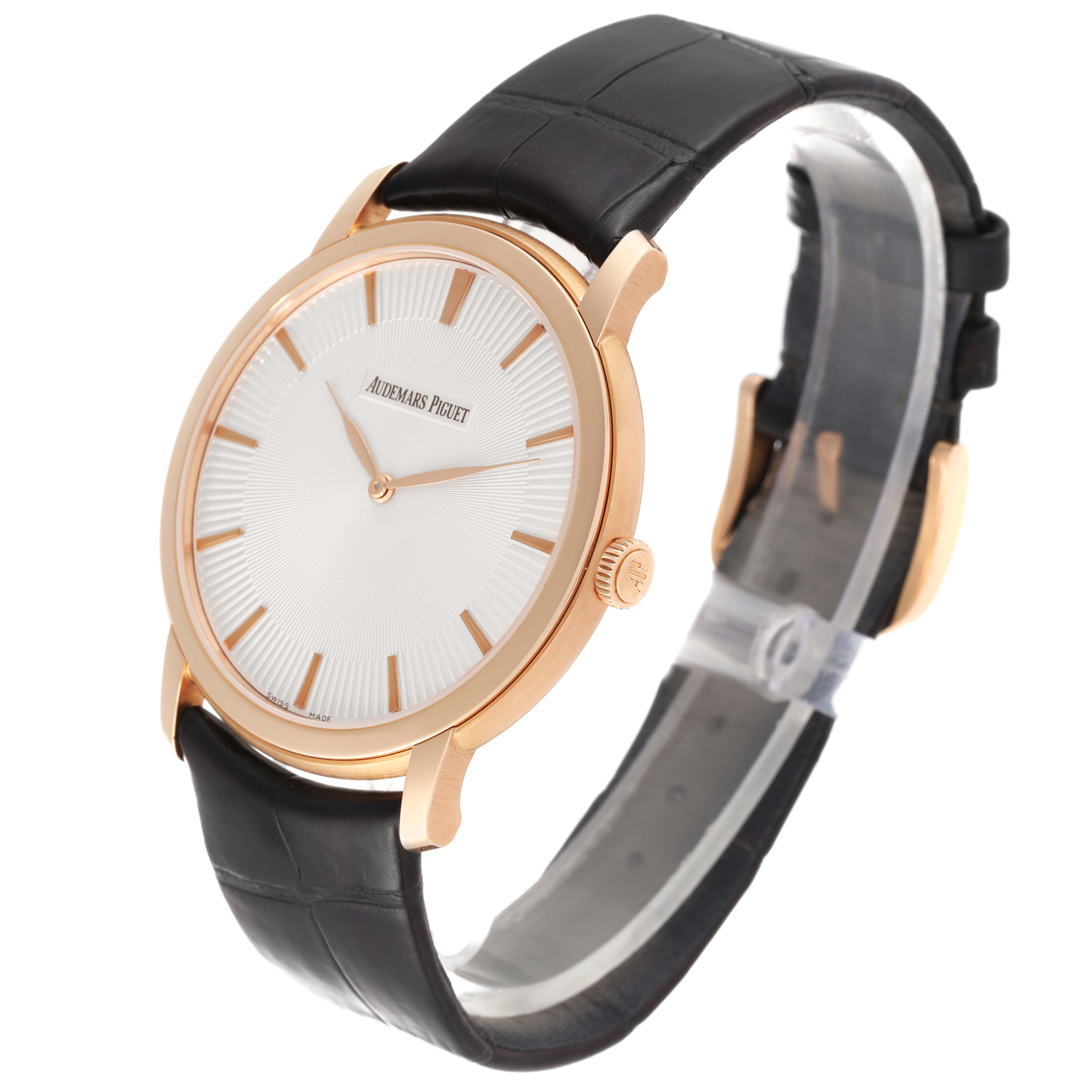 The image shows a side angle of the Jules model by Audemars Piguet, highlighting the watch face, bezel, crown, and leather strap.