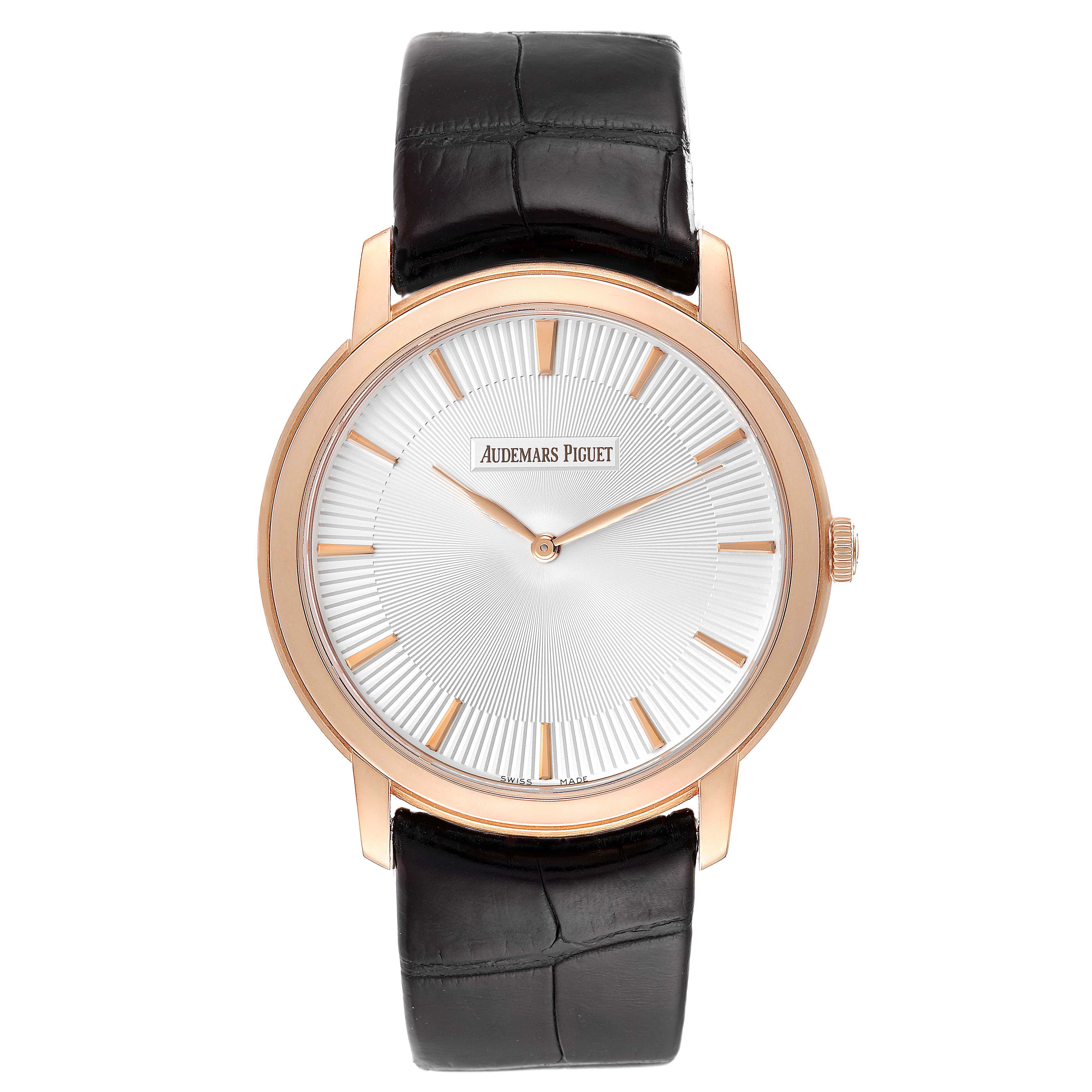 The image shows a front view of an Audemars Piguet Jules 15180OR.OO.A102CR.01 Men's Rose Gold Silver Dial 15180OR.OO.A102CR.01 Men's Rose Gold Silver Dial watch, displaying the watch face, case, dial, and strap.