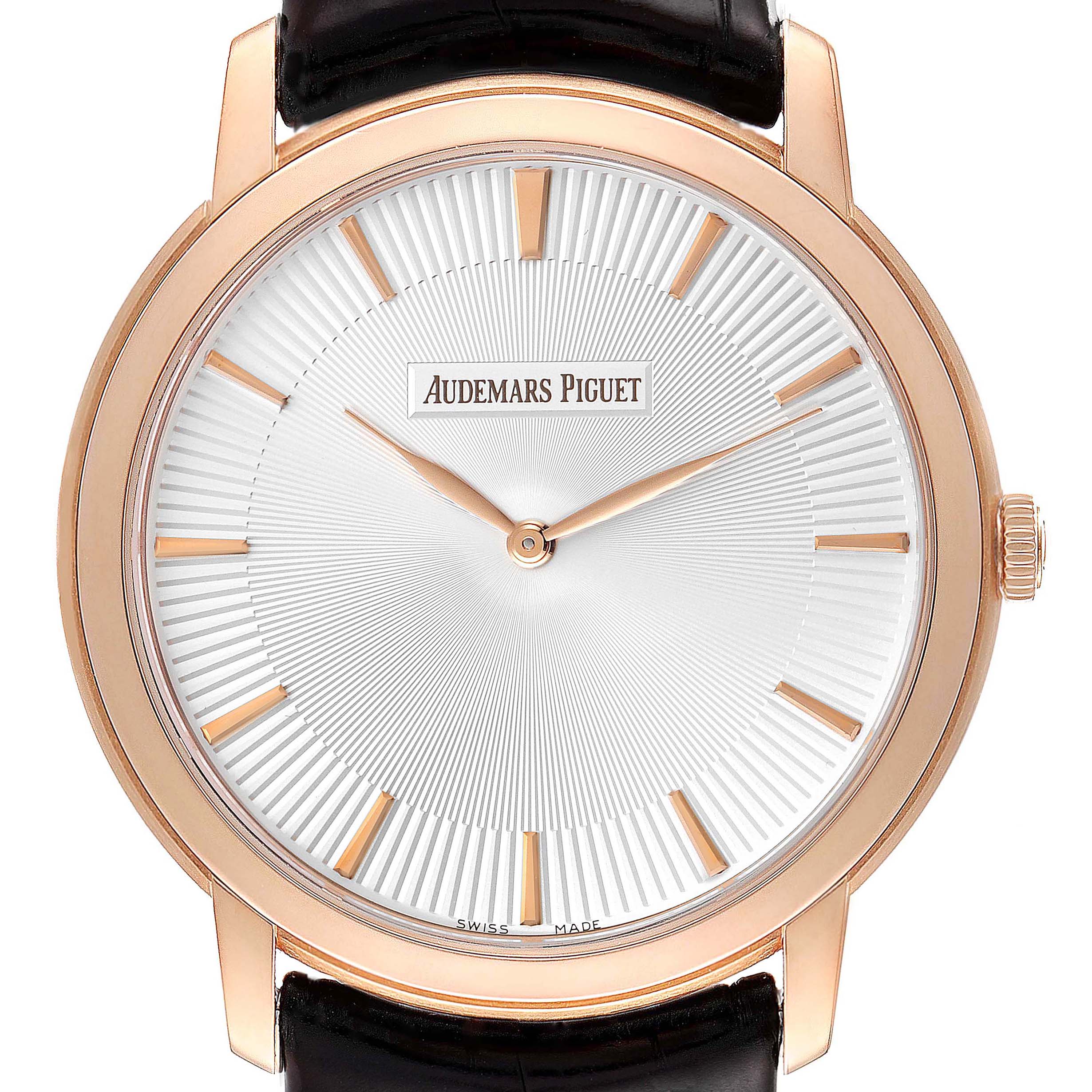 The image shows a frontal view of the Audemars Piguet Jules 15180OR.OO.A102CR.01 Men's Rose Gold Silver Dial 15180OR.OO.A102CR.01 Men's Rose Gold Silver Dial model watch, highlighting its dial, hands, case, and part of the strap.