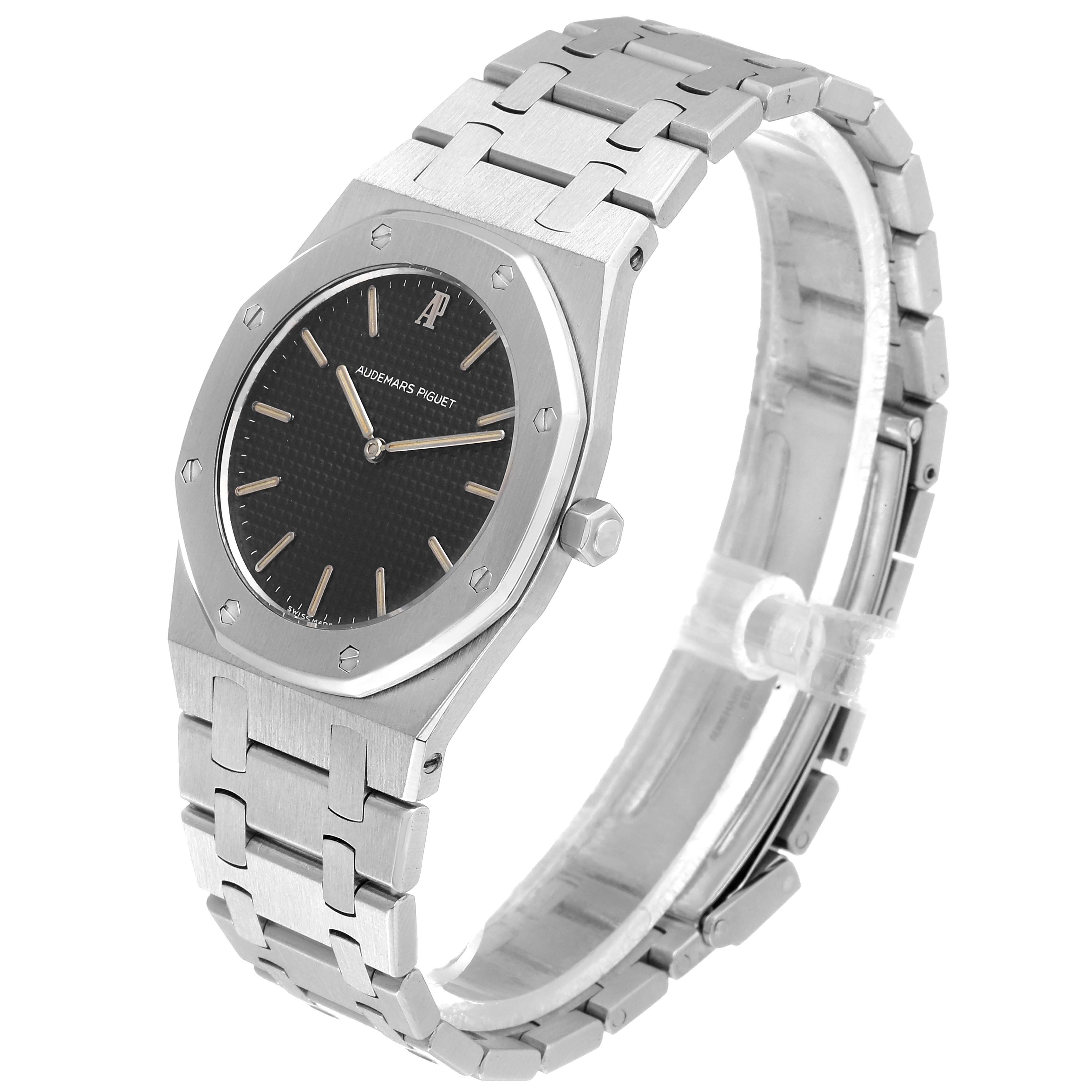 The Audemars Piguet Royal Oak 56303ST.OO.0789ST Men's Stainless Steel Black Dial 56303ST.OO.0789ST Men's Stainless Steel Black Dial watch is shown at a slight angle, highlighting its face, bezel, crown, and bracelet.