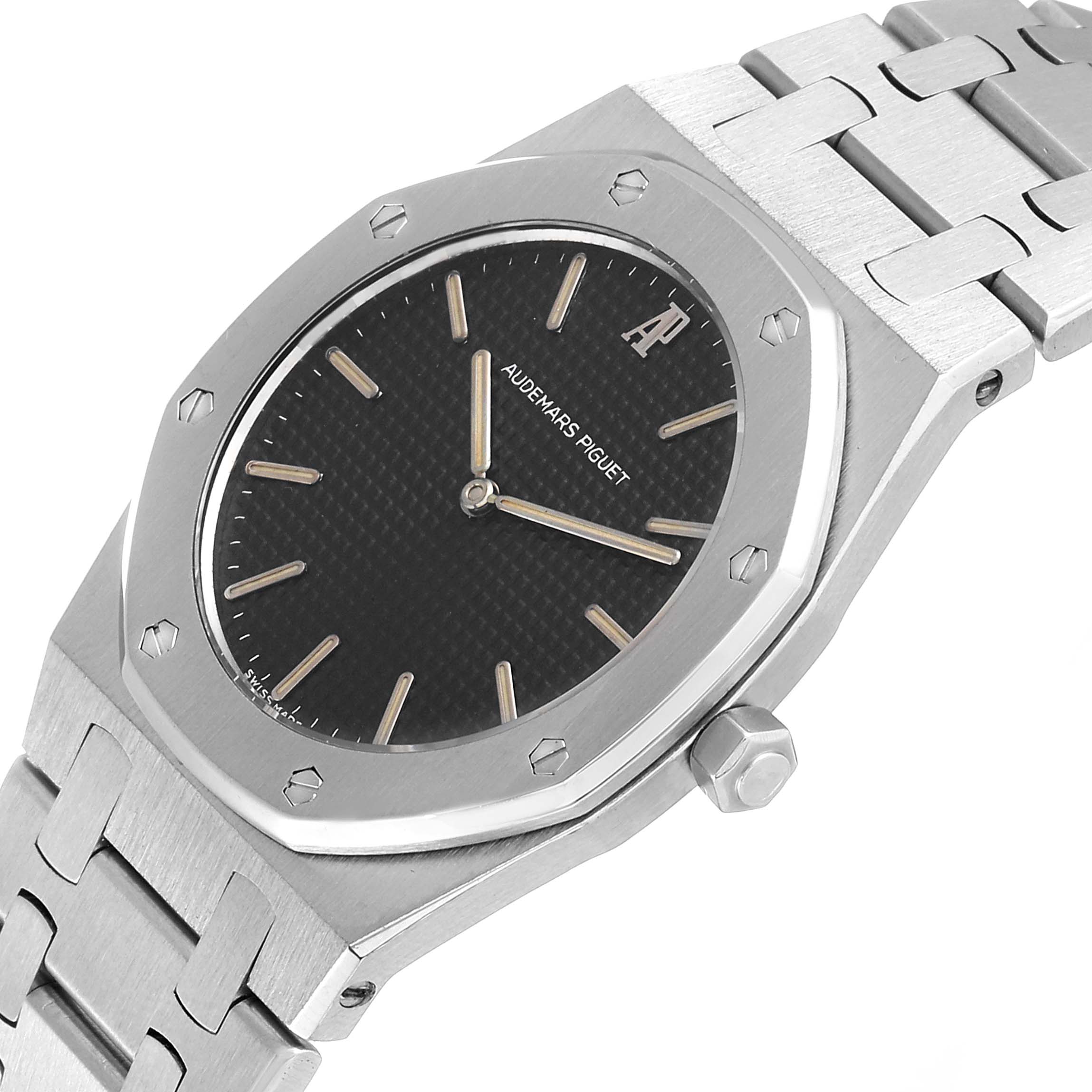 This image shows the face, bezel, crown, and bracelet of the Audemars Piguet Royal Oak 56303ST.OO.0789ST Men's Stainless Steel Black Dial 56303ST.OO.0789ST Men's Stainless Steel Black Dial watch from an angled top view.