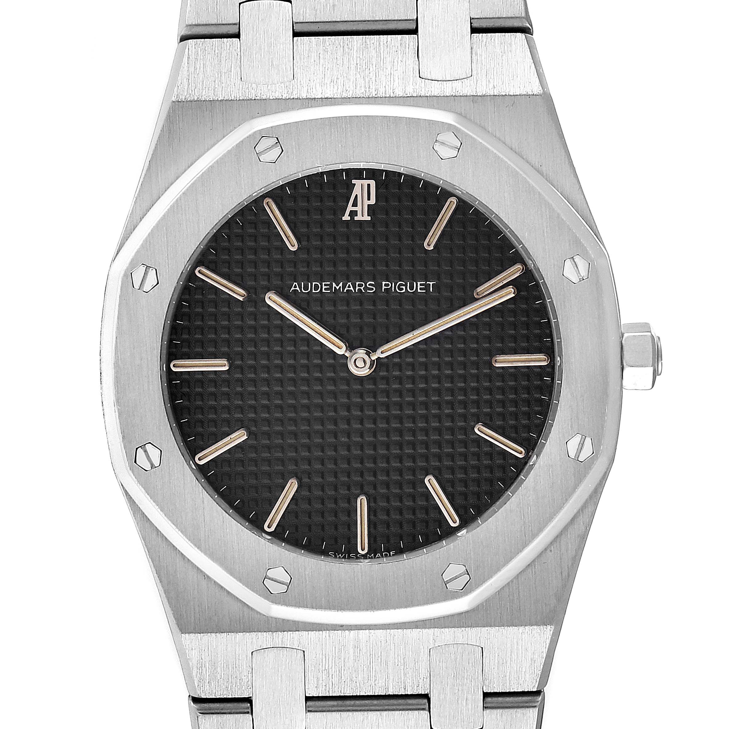 This image shows a front view of the Audemars Piguet Royal Oak 56303ST.OO.0789ST Men's Stainless Steel Black Dial 56303ST.OO.0789ST Men's Stainless Steel Black Dial watch, highlighting the face, bezel, and part of the bracelet.