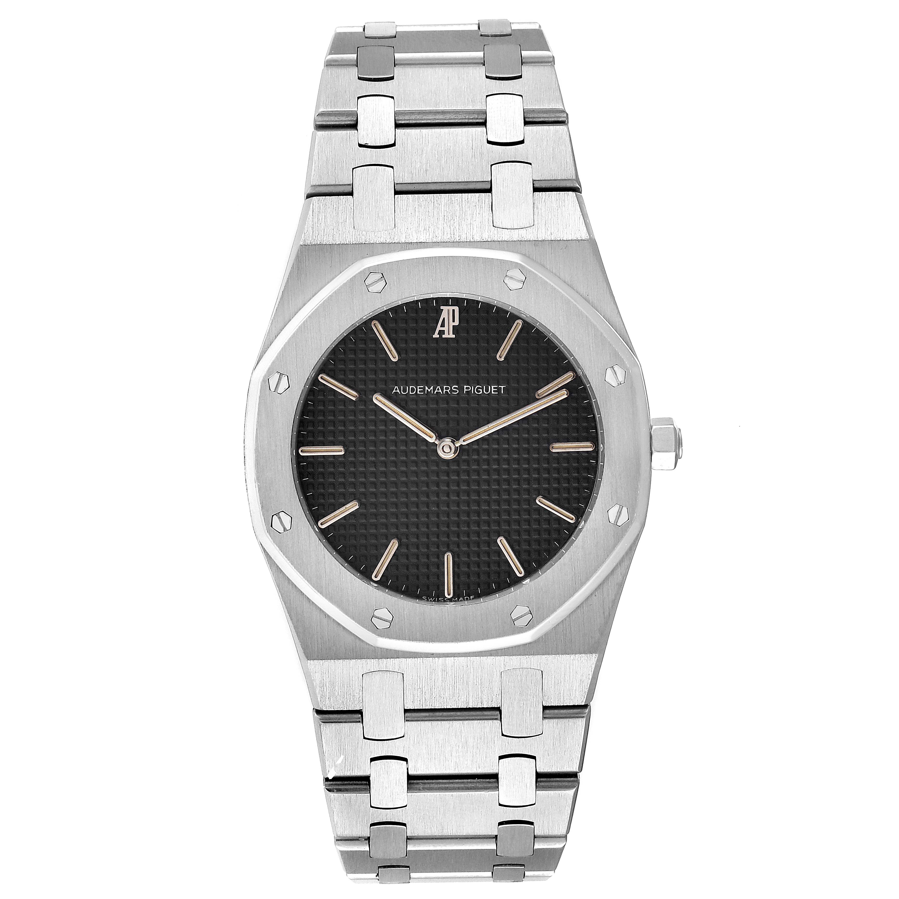 The image shows a front view of an Audemars Piguet Royal Oak 56303ST.OO.0789ST Men's Stainless Steel Black Dial 56303ST.OO.0789ST Men's Stainless Steel Black Dial watch, highlighting the black dial, steel case, and bracelet.