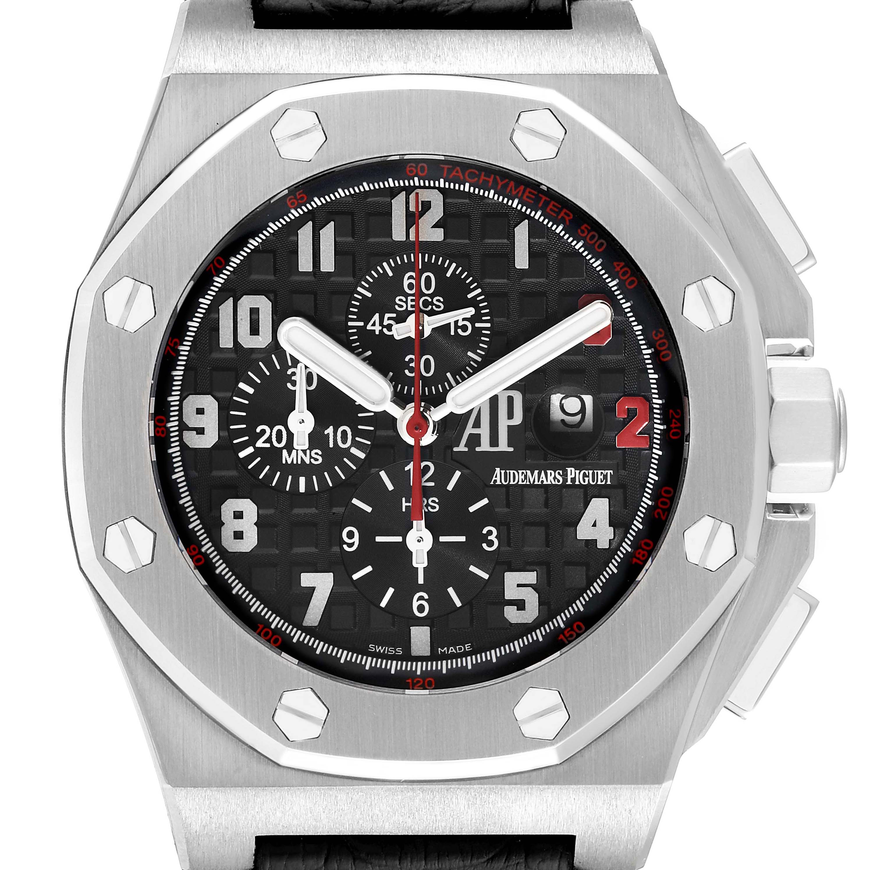The image shows a front view of the Audemars Piguet Royal Oak Offshore 26133ST.OO.A101CR.01 Men's Stainless Steel Black Dial 26133ST.OO.A101CR.01 Men's Stainless Steel Black Dial watch, highlighting its dial, bezel, and subdials.