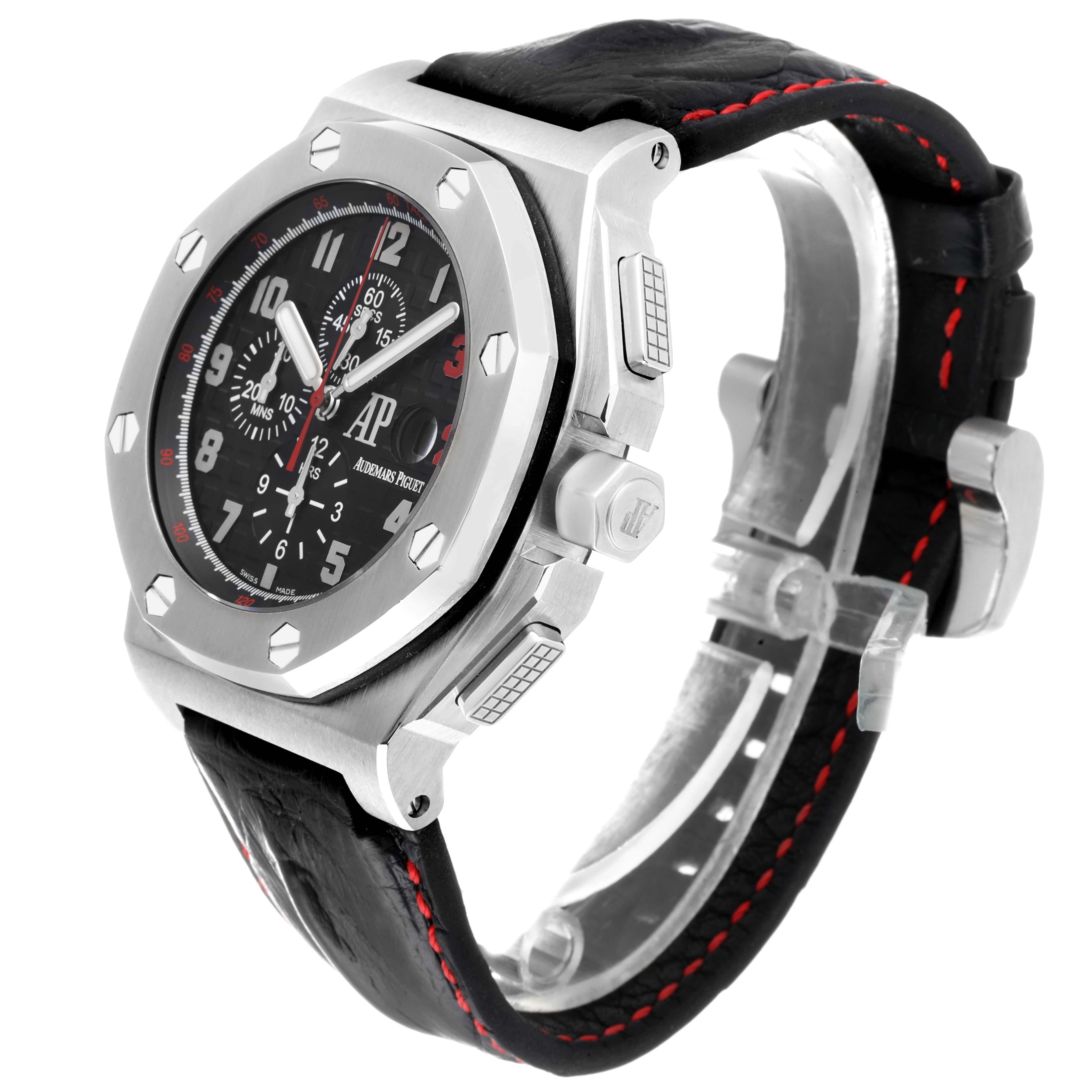 The image shows a side angle of the Audemars Piguet Royal Oak Offshore 26133ST.OO.A101CR.01 Men's Stainless Steel Black Dial 26133ST.OO.A101CR.01 Men's Stainless Steel Black Dial watch, highlighting its black leather strap, buttons, crown, and octagonal bezel.