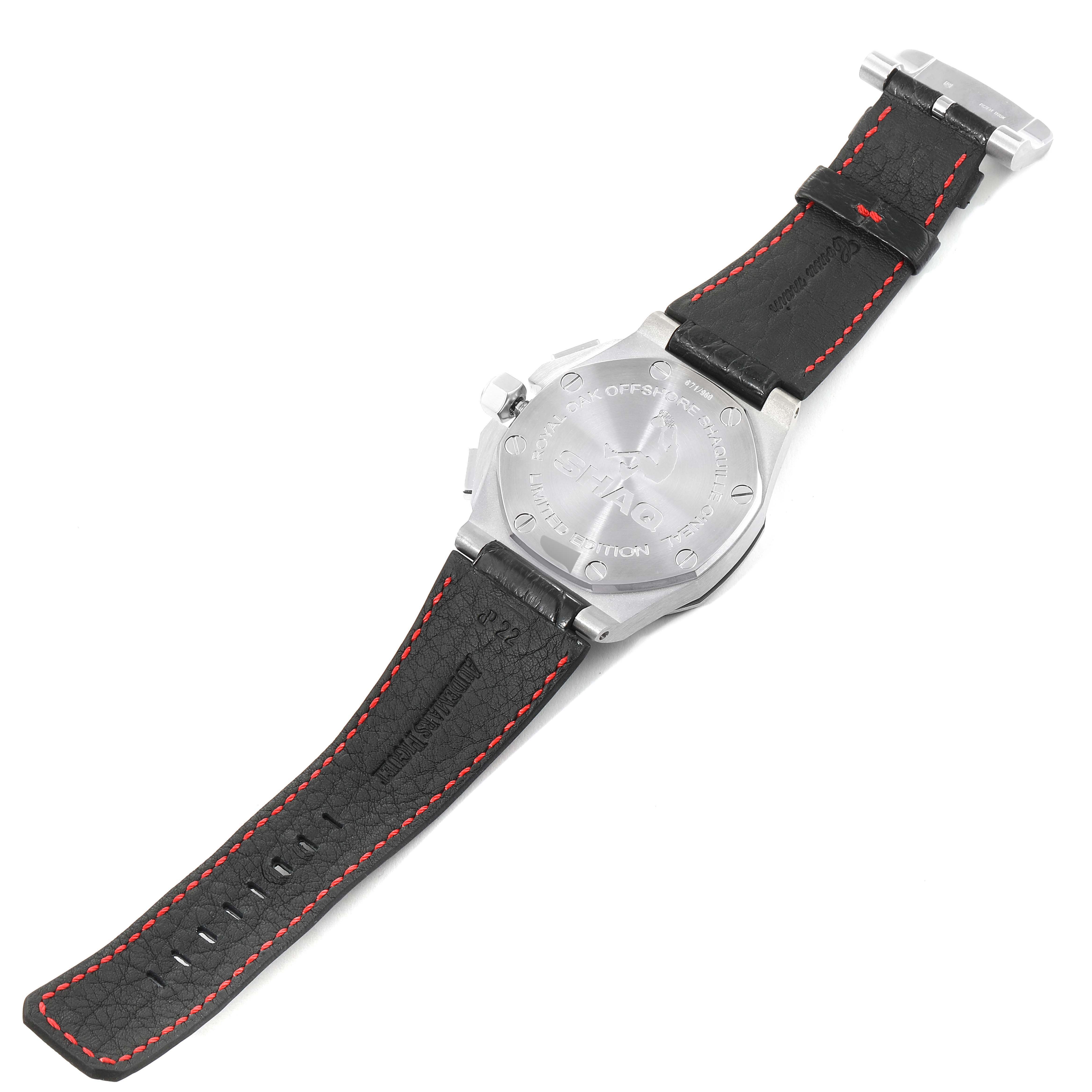 The image shows the back and strap of an Audemars Piguet Royal Oak Offshore 26133ST.OO.A101CR.01 Men's Stainless Steel Black Dial 26133ST.OO.A101CR.01 Men's Stainless Steel Black Dial watch, highlighting its case back and stitching details.