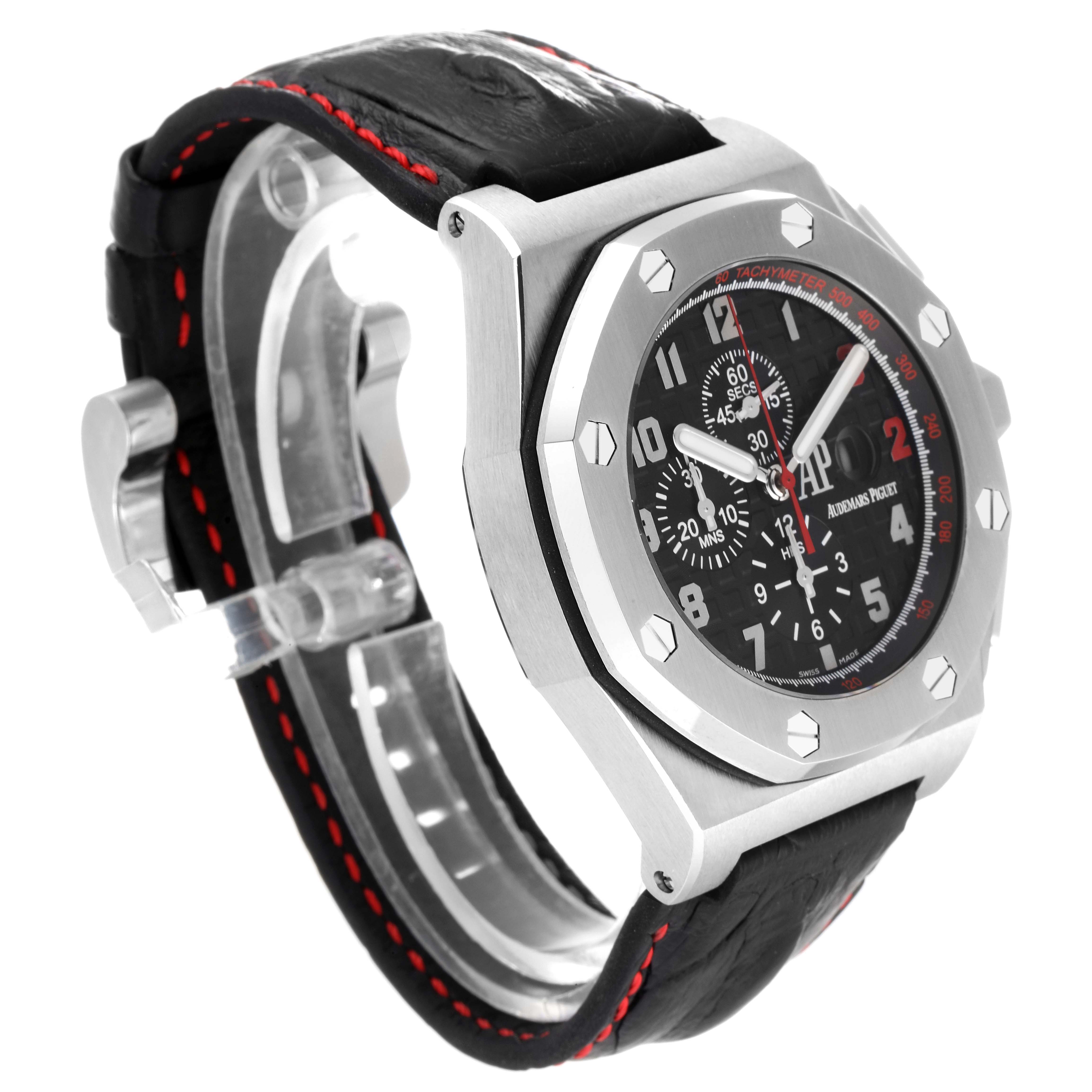 The image shows a side angle of an Audemars Piguet Royal Oak Offshore 26133ST.OO.A101CR.01 Men's Stainless Steel Black Dial 26133ST.OO.A101CR.01 Men's Stainless Steel Black Dial watch, highlighting its bezel, dial, and leather strap.