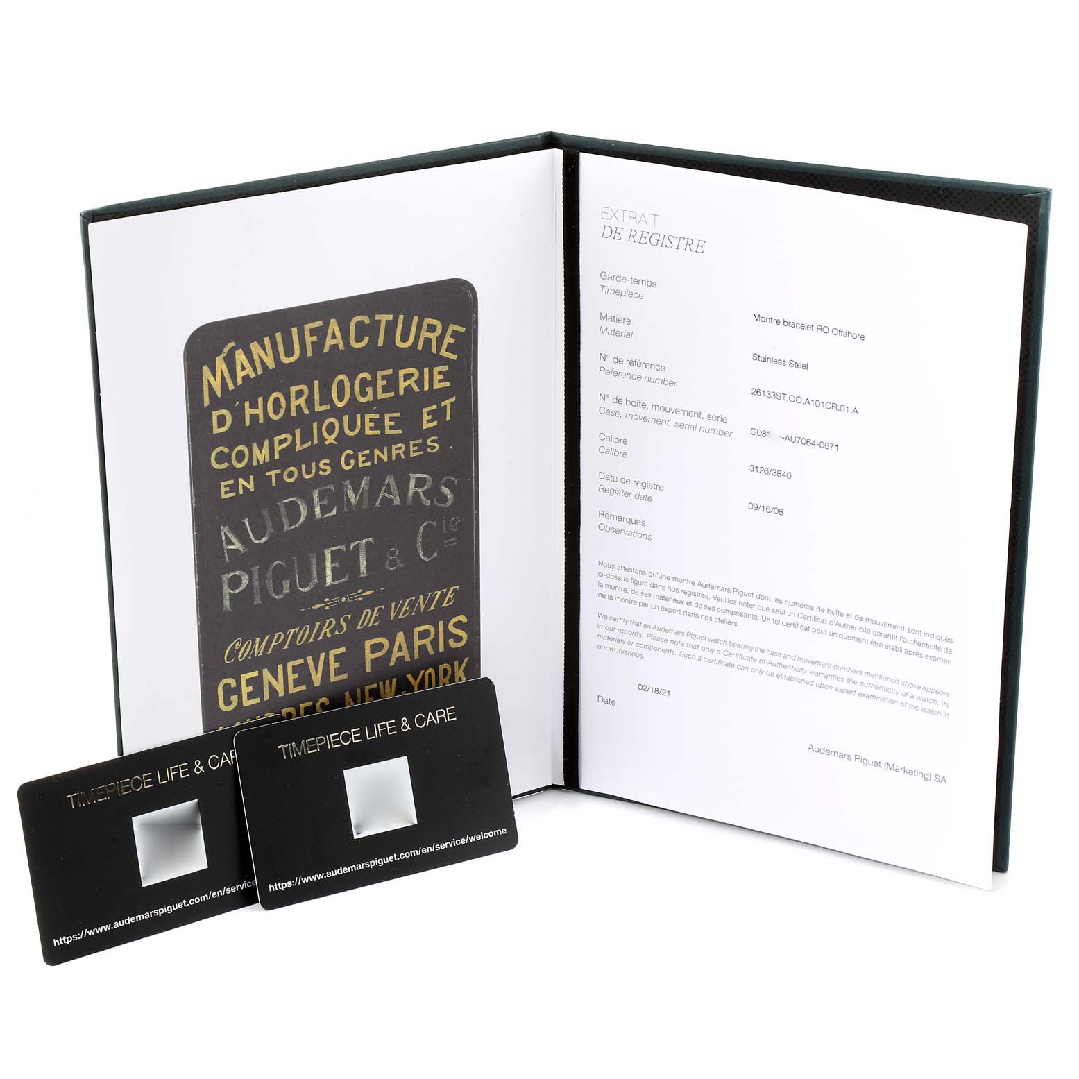 The image shows the authentication and warranty documents for the Audemars Piguet Royal Oak Offshore 26133ST.OO.A101CR.01 Men's Stainless Steel Black Dial 26133ST.OO.A101CR.01 Men's Stainless Steel Black Dial model, including an open booklet and two cards.