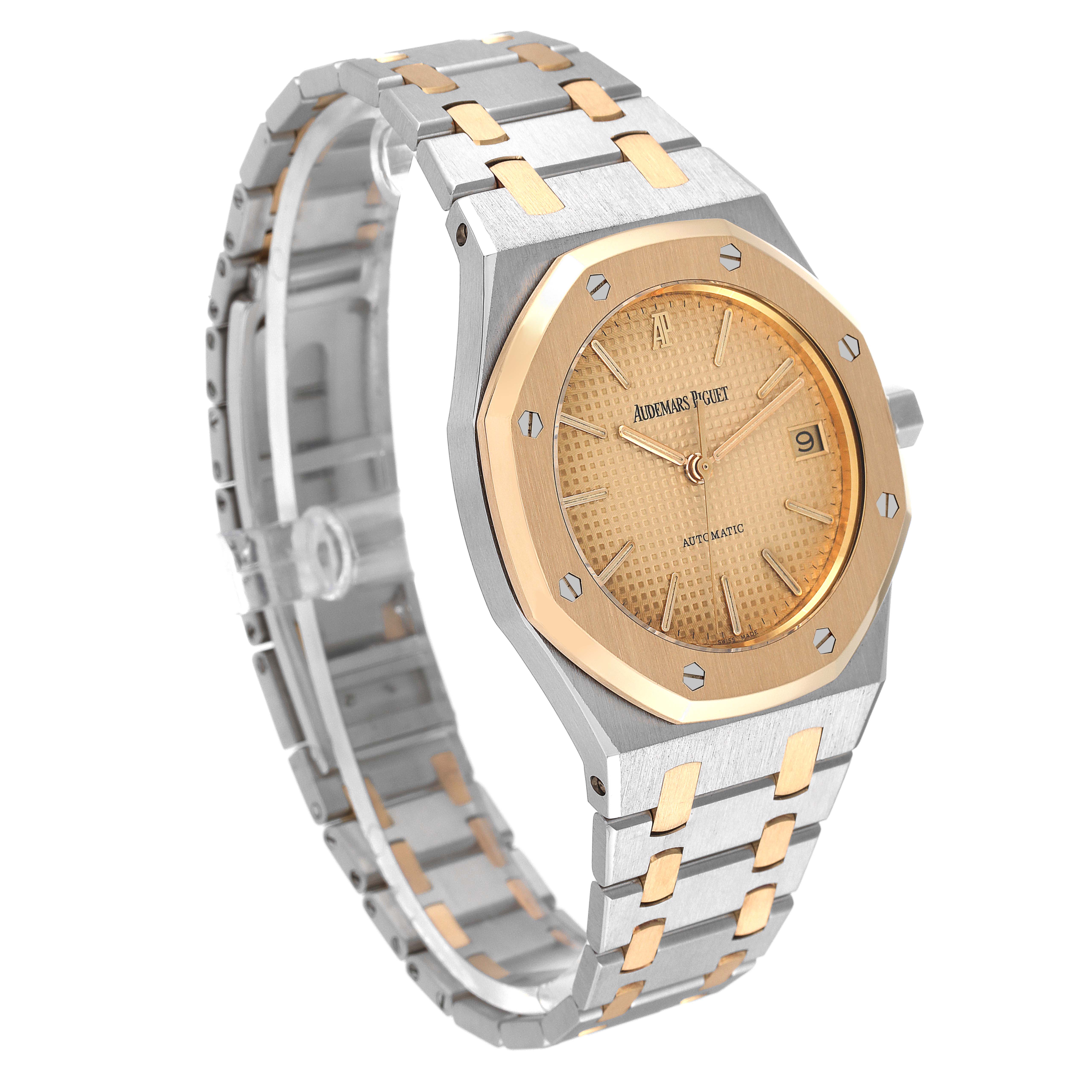 This Audemars Piguet Royal Oak 4790/789 Men's Steel and Gold (two tone) Champagne Dial 4790/789 Men's Steel and Gold (two tone) Champagne Dial watch is shown from a right three-quarter angle, highlighting the face, bezel, and bracelet.