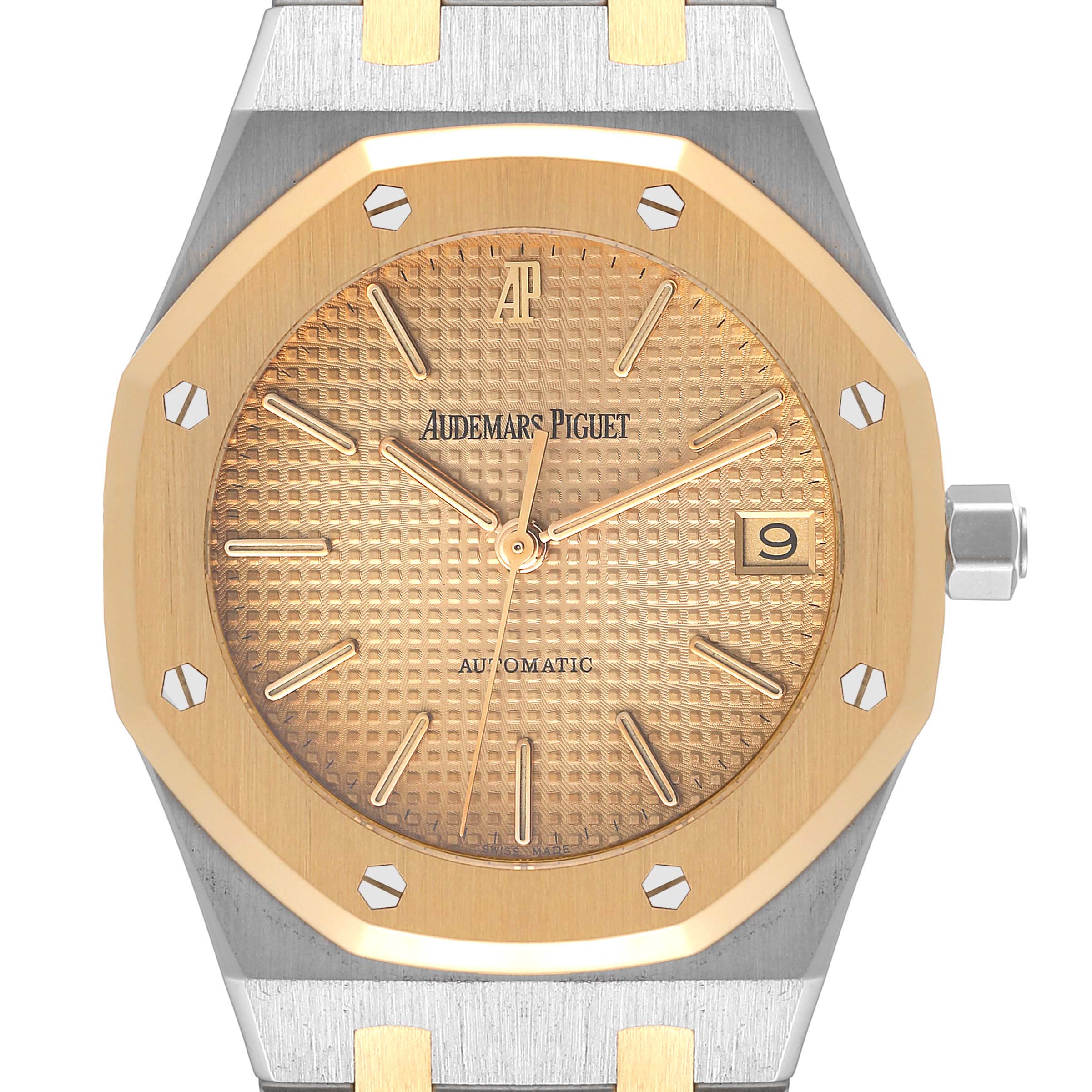 The image shows a front view of the Royal Oak watch by Audemars Piguet, highlighting the dial with a date display.