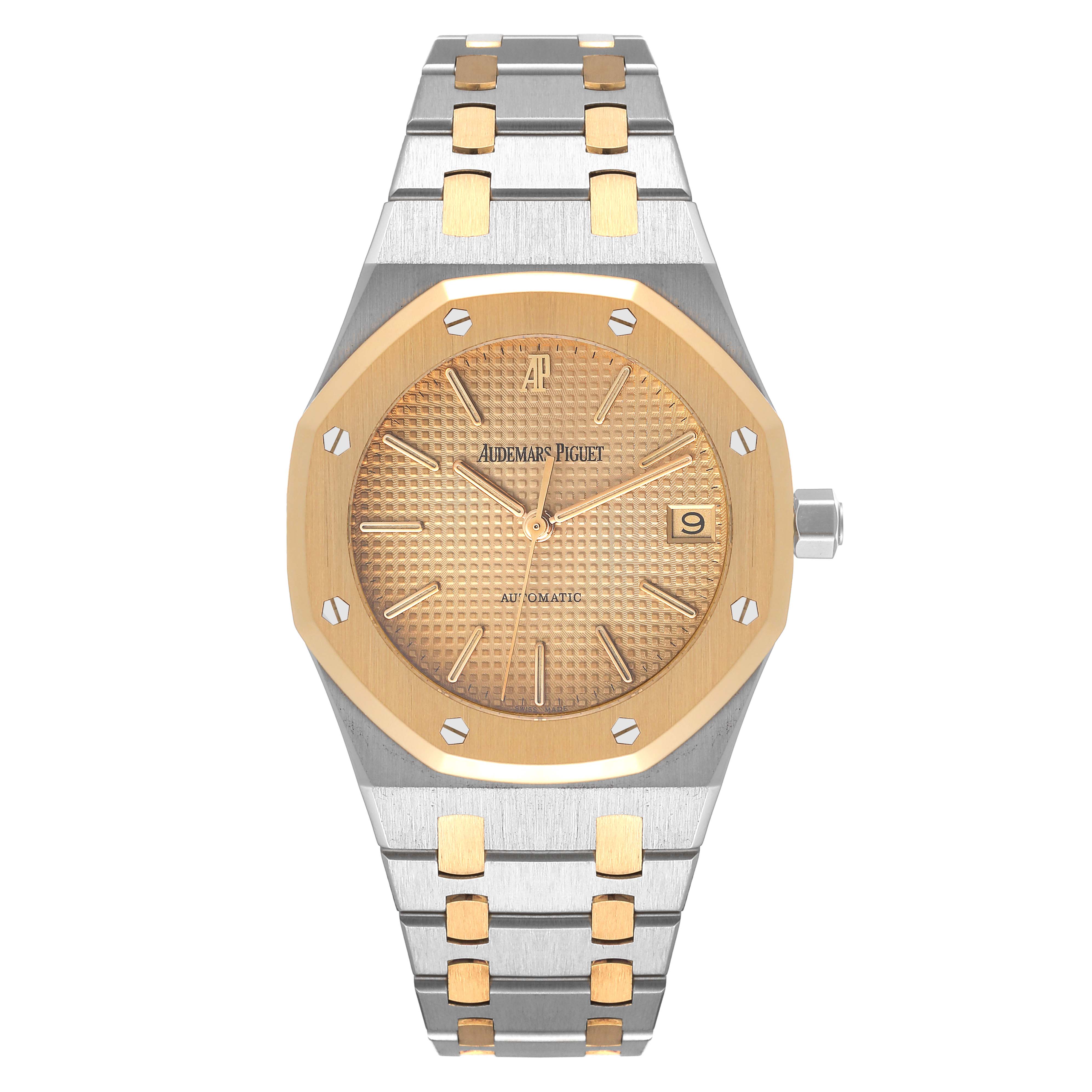 The image shows a front view of an Audemars Piguet Royal Oak 4790/789 Men's Steel and Gold (two tone) Champagne Dial 4790/789 Men's Steel and Gold (two tone) Champagne Dial watch, highlighting the dial, bezel, and bracelet.