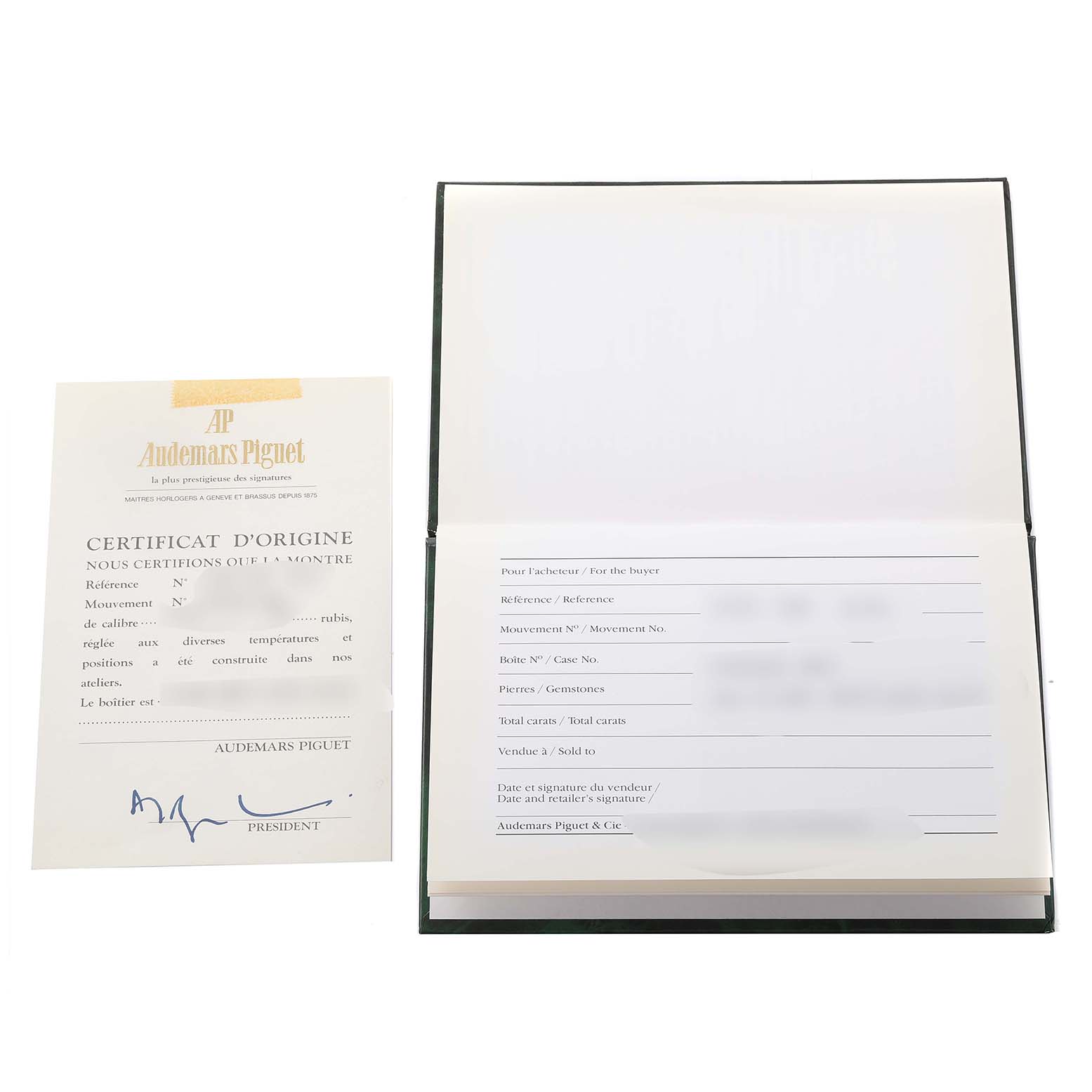 This image shows the certificate and warranty booklet for the Royal Oak model by Audemars Piguet.