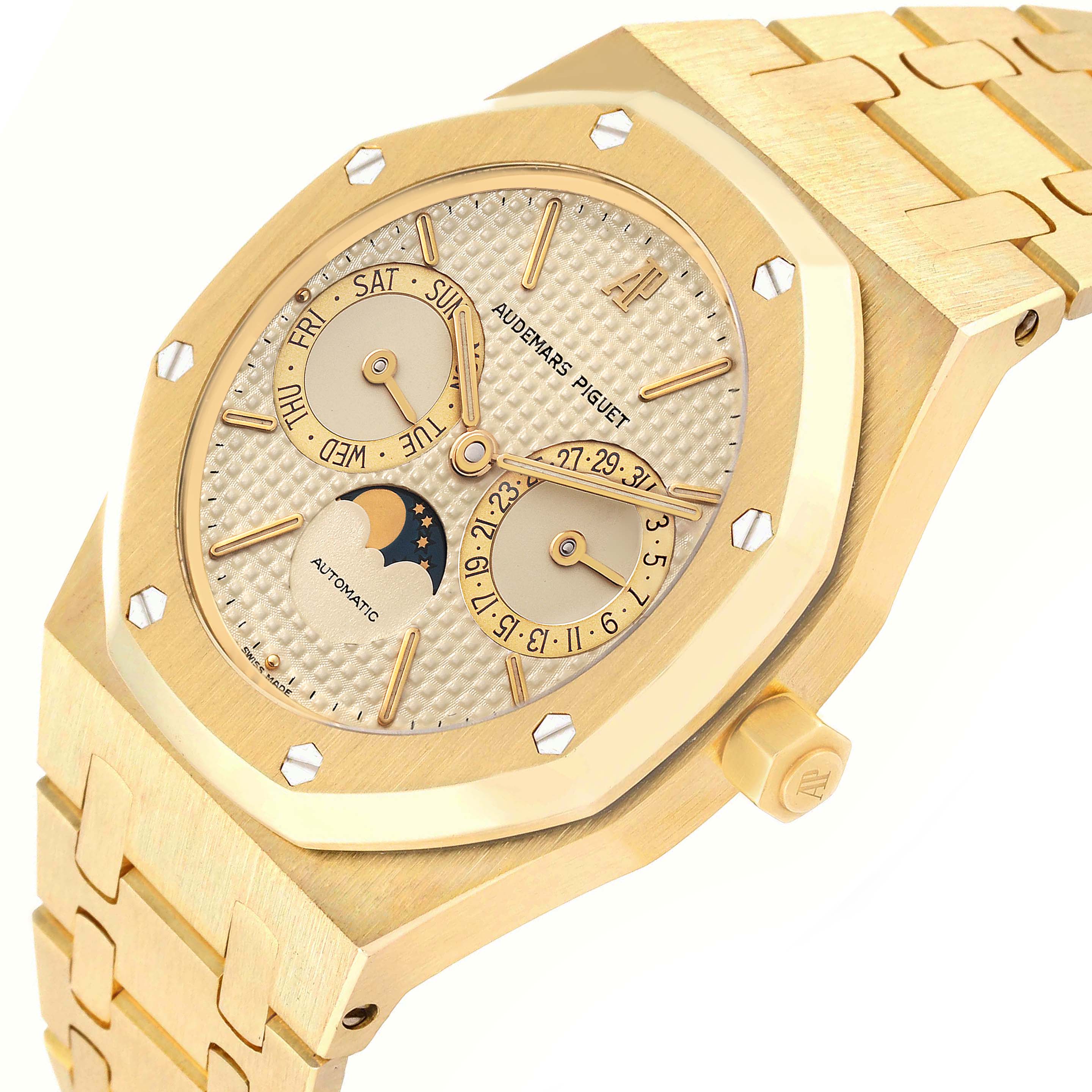 The Audemars Piguet Royal Oak 25594BA Men's Yellow Gold Champagne Dial watch is shown at a slight angle, highlighting its gold case, dial, and bracelet.