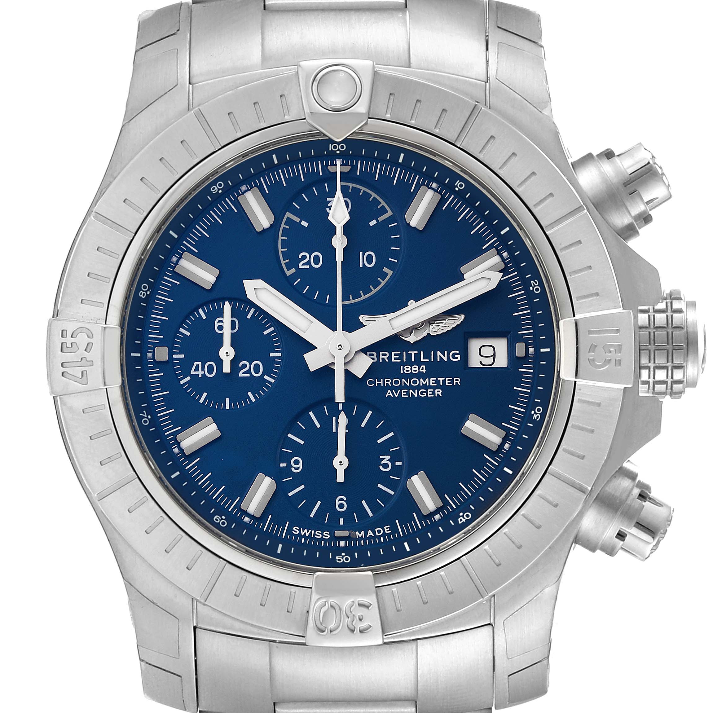 The image shows a front view of the Breitling Avenger A13385 Men's Stainless Steel Blue Dial A13385 Men's Stainless Steel Blue Dial watch, highlighting its blue dial, chronograph subdials, and metal bracelet.