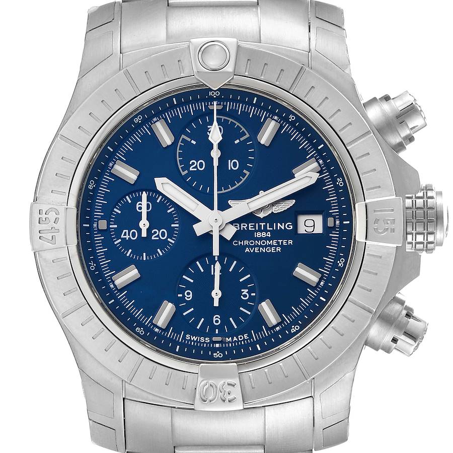 Breitling Avenger Chronograph 43 Blue Dial Steel Mens Watch A13385 Unworn SwissWatchExpo