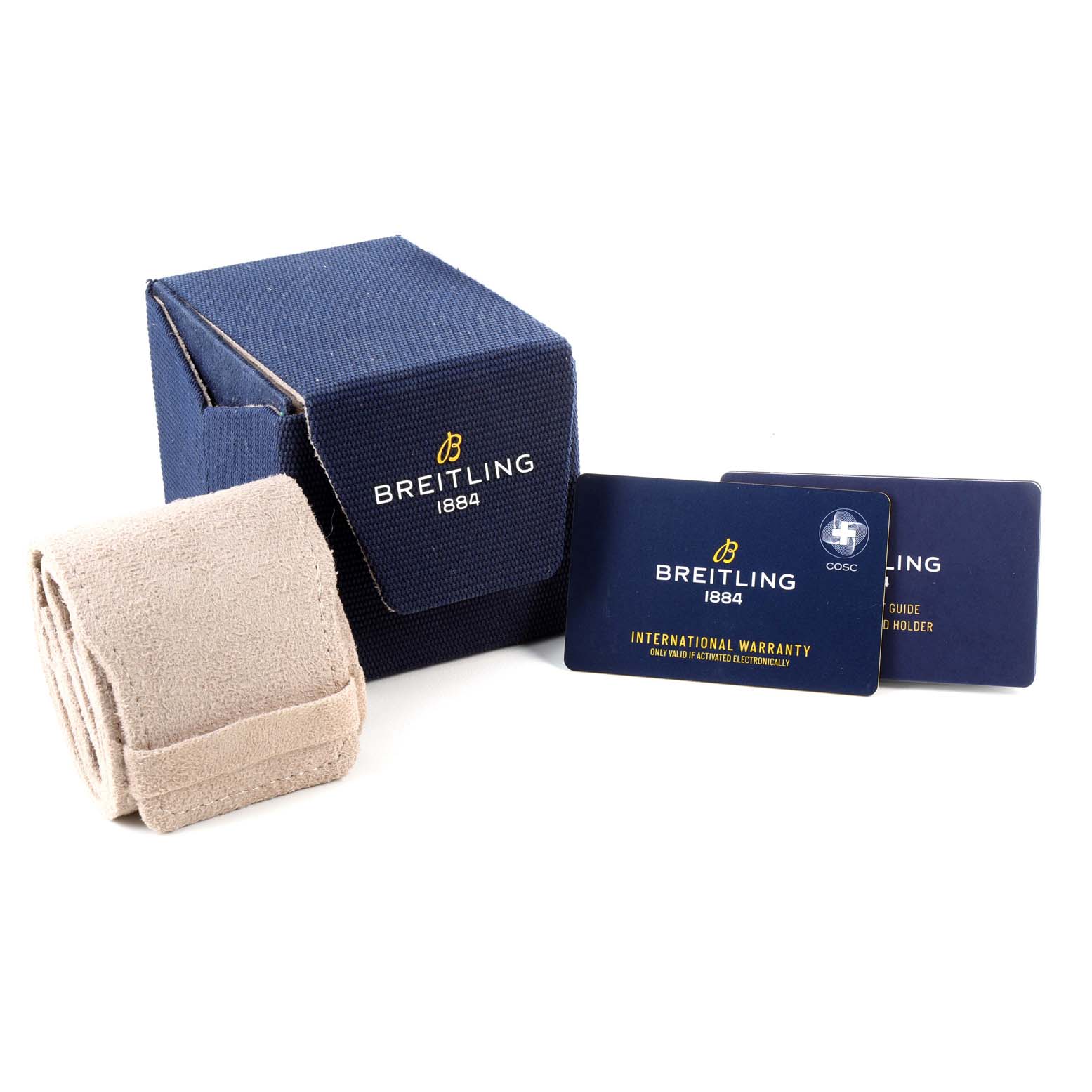 The image shows the Breitling Avenger A13385 Men's Stainless Steel Blue Dial A13385 Men's Stainless Steel Blue Dial watch box, a beige watch roll, and two warranty and registration cards.