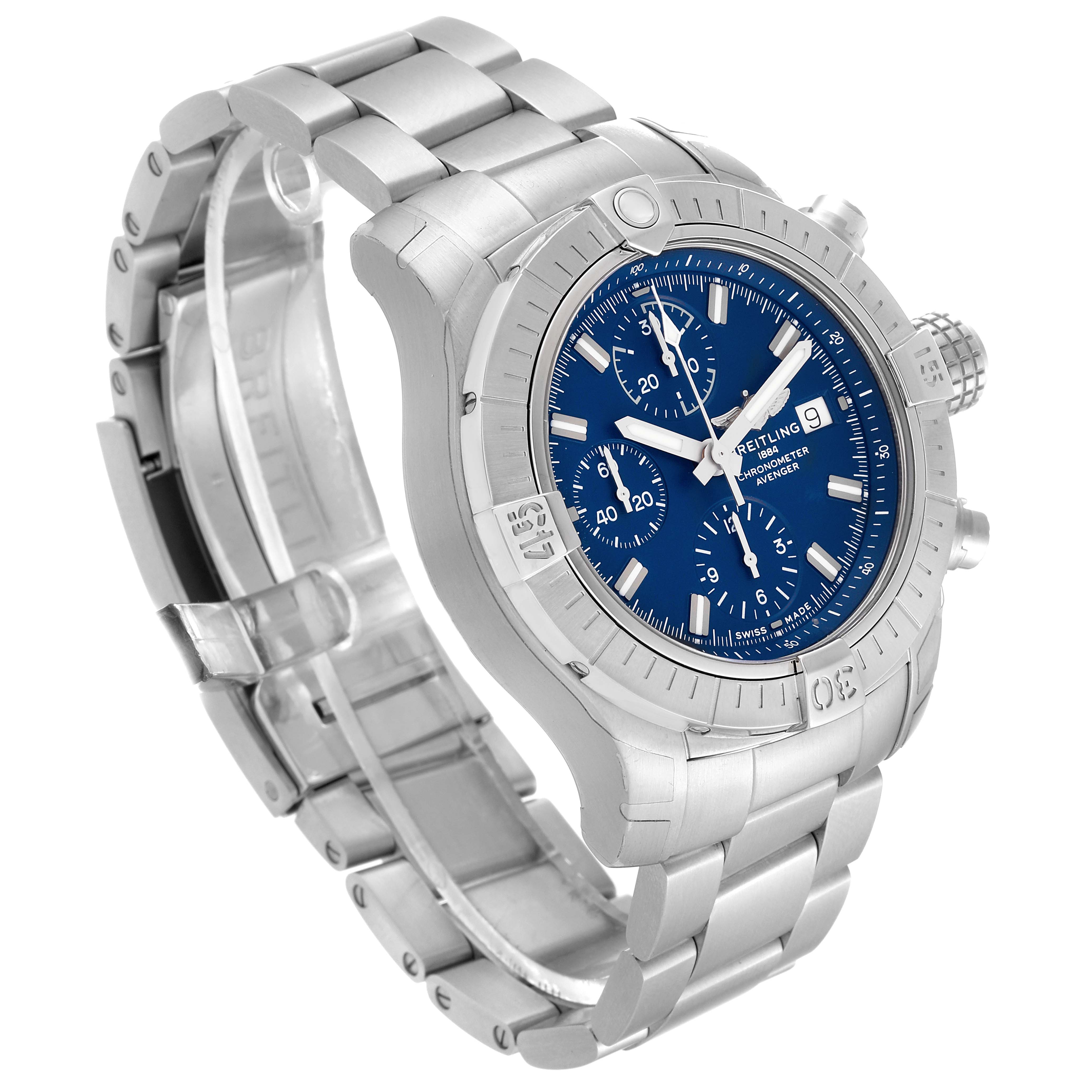 The Breitling Avenger A13385 Men's Stainless Steel Blue Dial A13385 Men's Stainless Steel Blue Dial watch is shown at a three-quarter angle, emphasizing the blue dial, bezel, and metal bracelet.