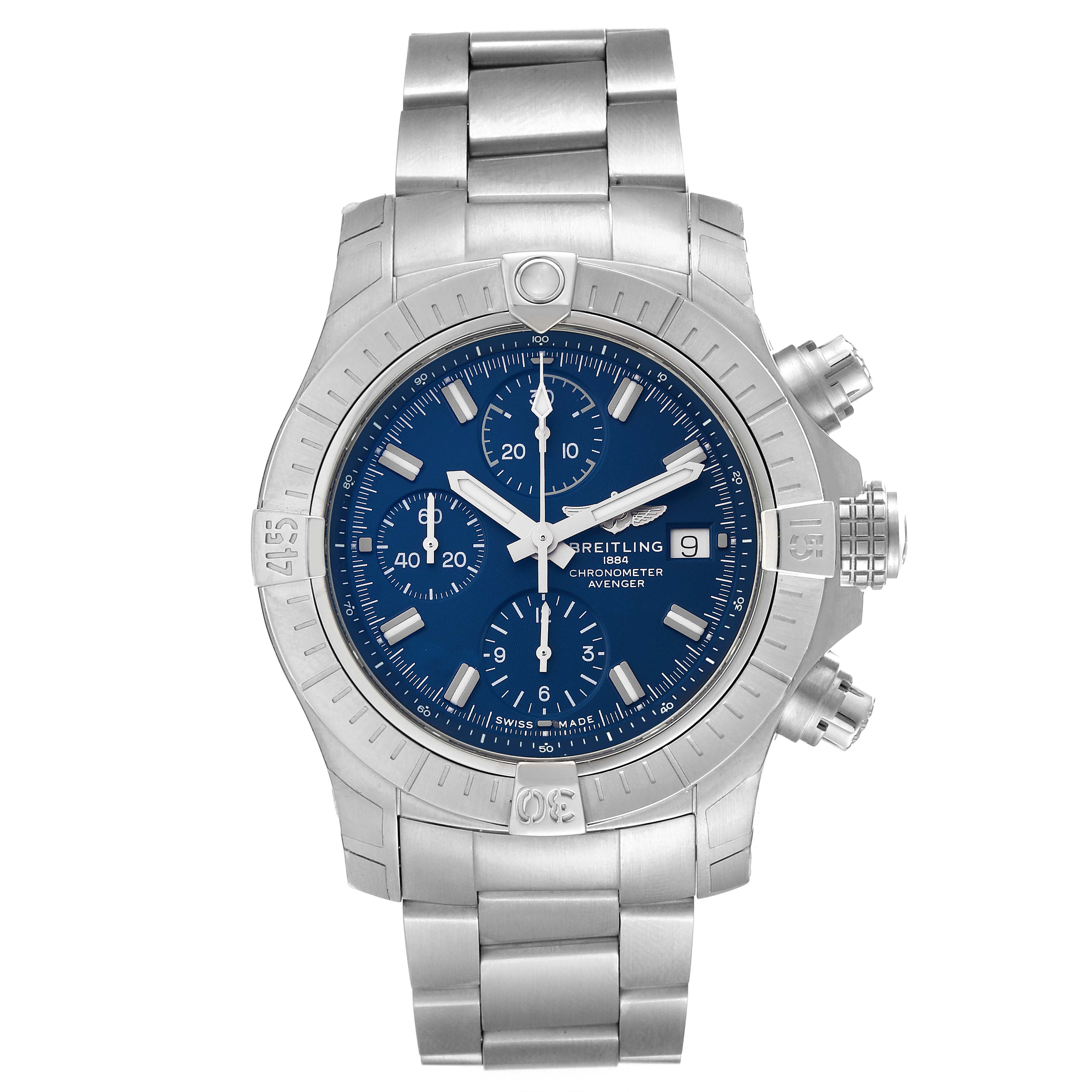 The image shows a front view of a Breitling Avenger A13385 Men's Stainless Steel Blue Dial A13385 Men's Stainless Steel Blue Dial watch, featuring its blue dial, chronograph sub-dials, and stainless steel bracelet.