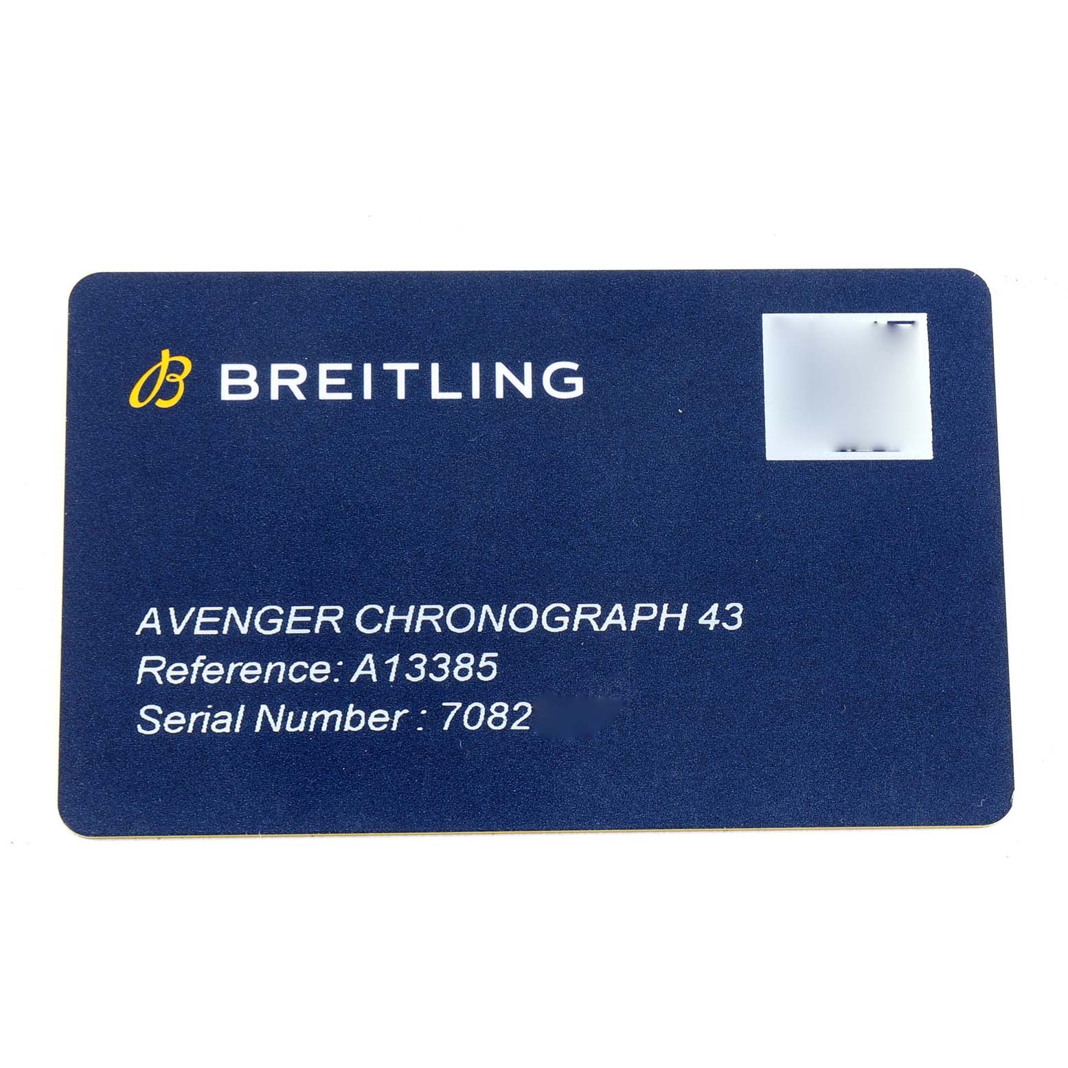This image shows a warranty card for the Breitling Avenger A13385 Men's Stainless Steel Blue Dial A13385 Men's Stainless Steel Blue Dial Chronograph 43 model.