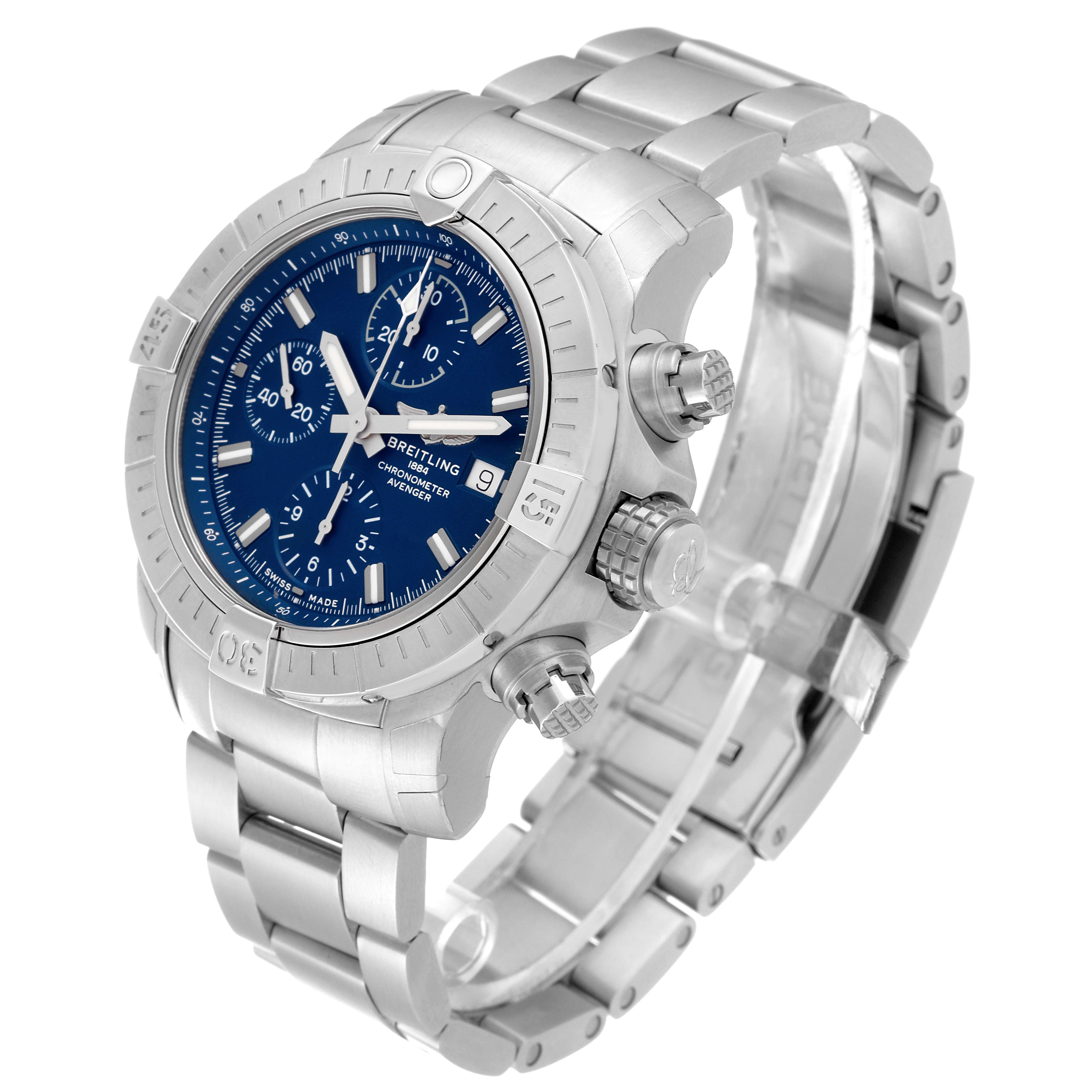 The image shows a side angle of the Breitling Avenger A13385 Men's Stainless Steel Blue Dial A13385 Men's Stainless Steel Blue Dial watch, highlighting its blue dial, chronograph features, and metal bracelet.