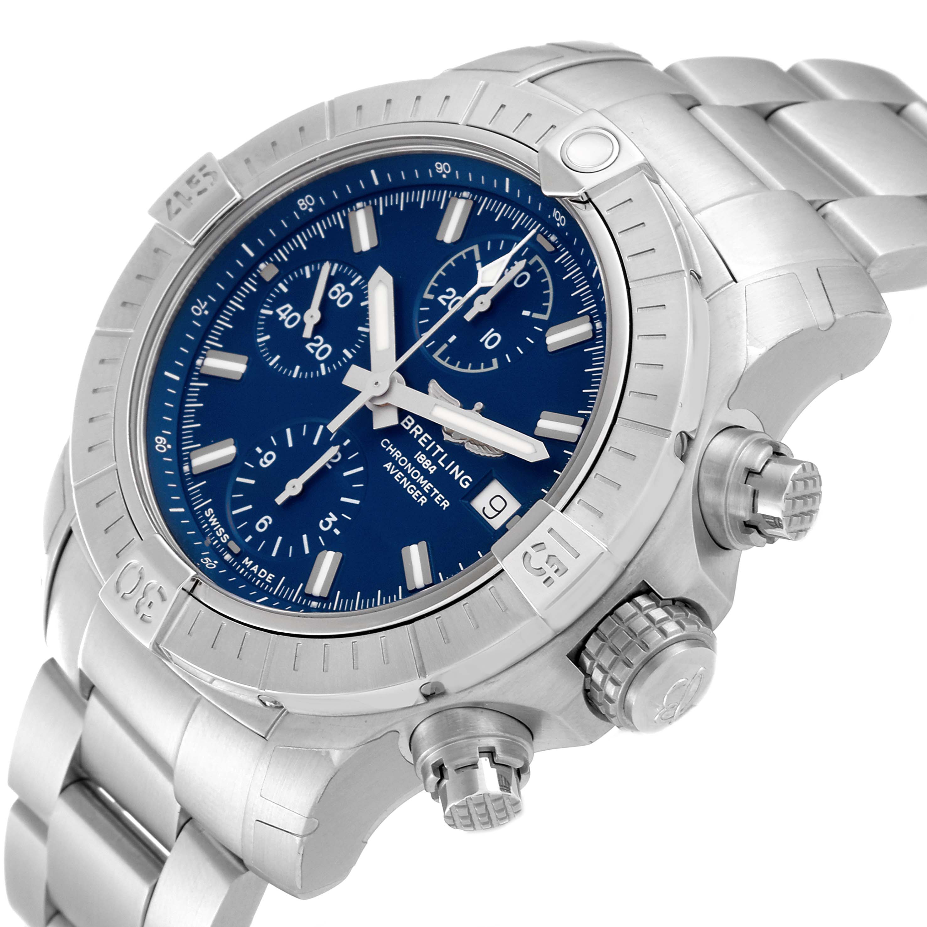 The image shows the Breitling Avenger A13385 Men's Stainless Steel Blue Dial A13385 Men's Stainless Steel Blue Dial watch at a slight angle, highlighting the crown, chronograph pushers, and stainless steel bracelet.
