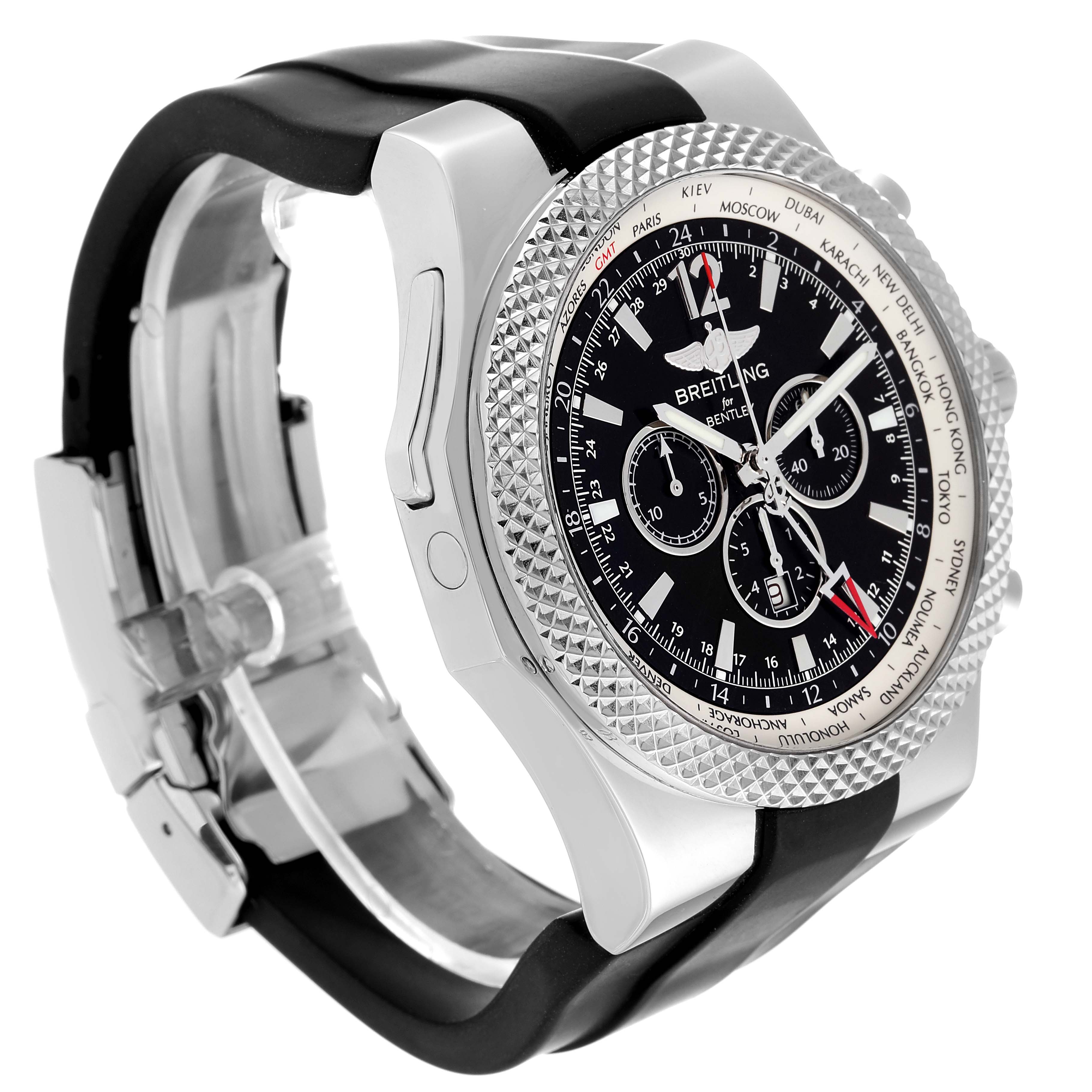 The image shows a side angle of the Breitling Bentley A47362 Men's Stainless Steel Black Dial A47362 Men's Stainless Steel Black Dial watch, highlighting its bezel, dial, and part of the strap.