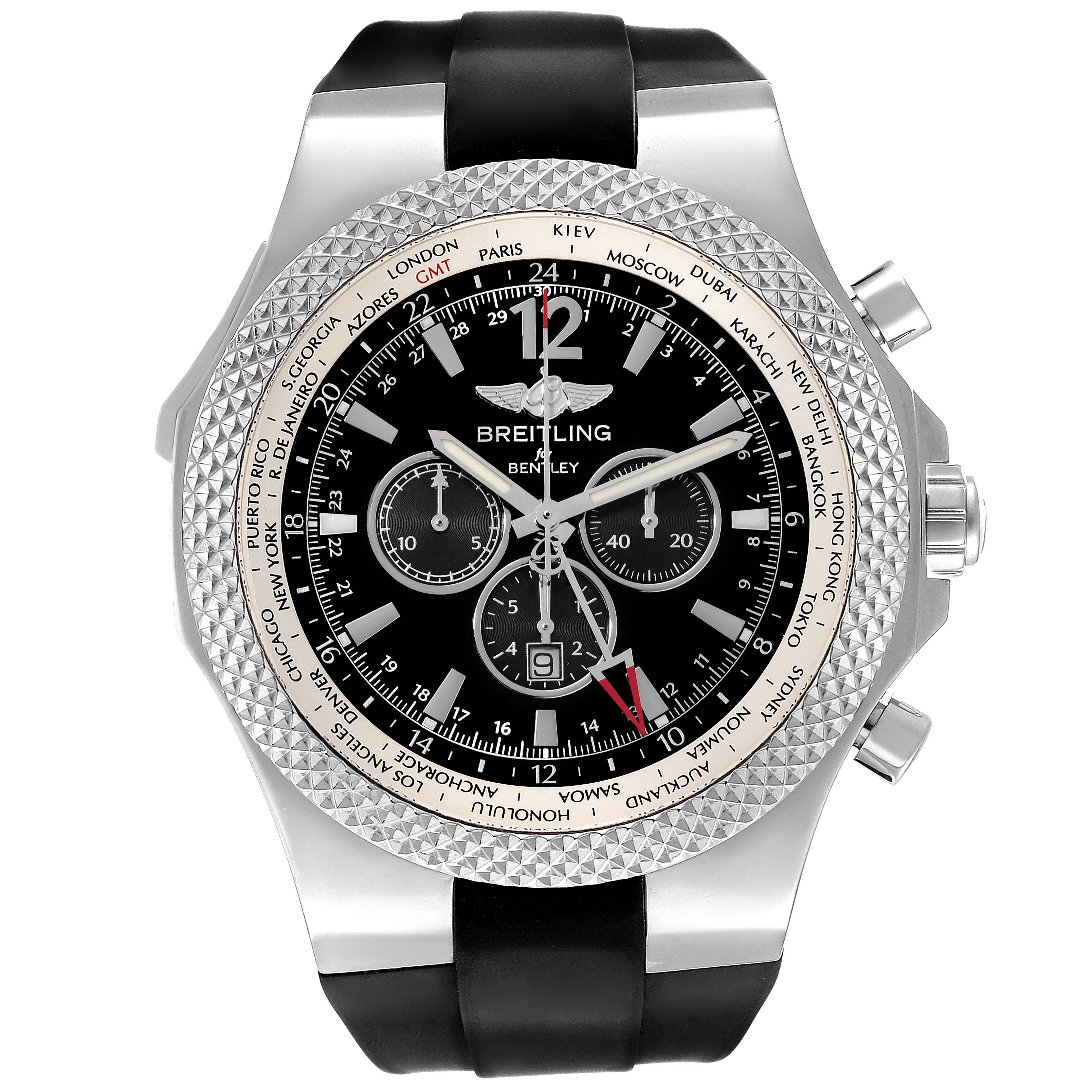 The image shows a front view of the Breitling Bentley A47362 Men's Stainless Steel Black Dial A47362 Men's Stainless Steel Black Dial watch, featuring its dial, bezel, crown, and pushers.