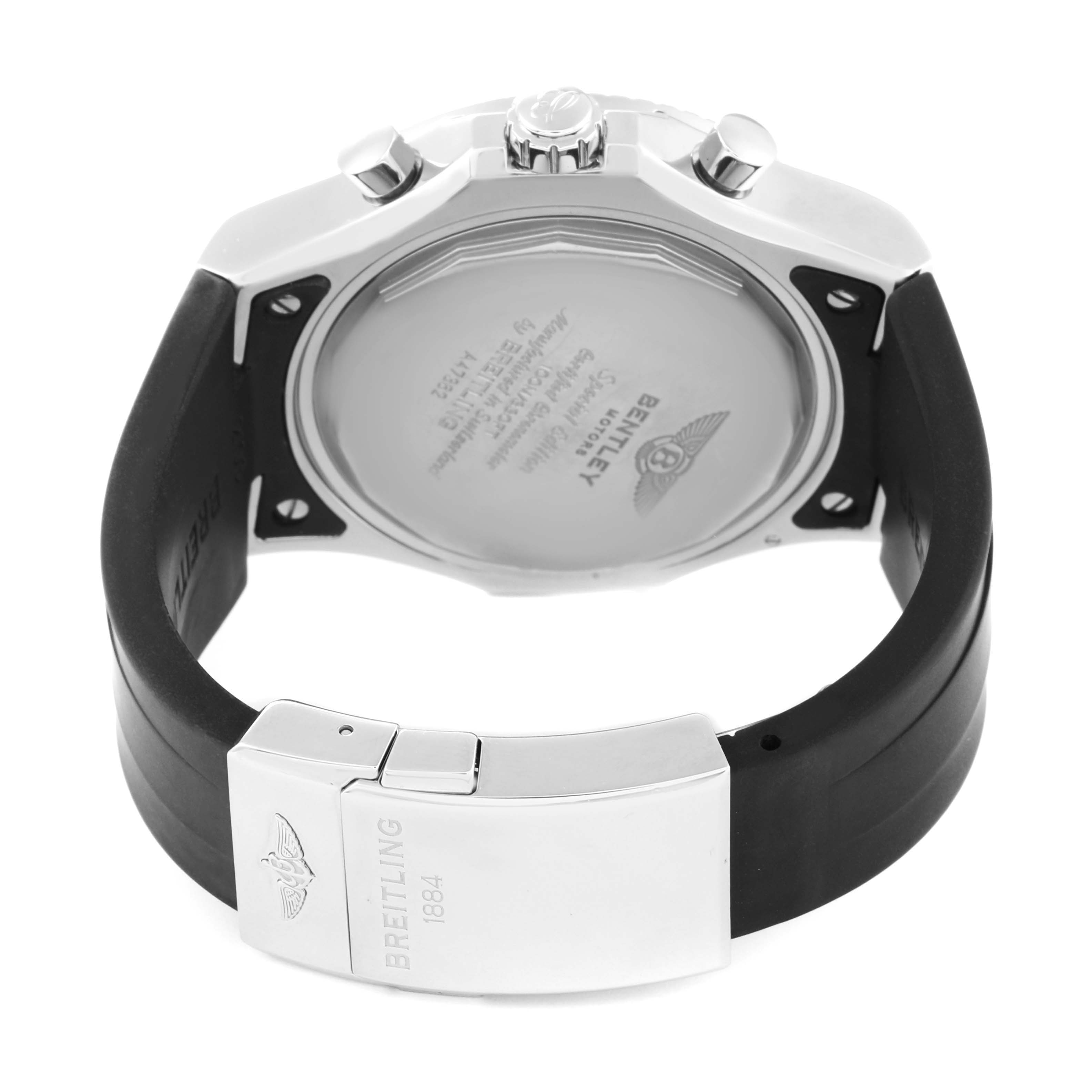 The image shows the back of a Breitling Bentley A47362 Men's Stainless Steel Black Dial A47362 Men's Stainless Steel Black Dial watch, highlighting the case back, crown, pushers, and a portion of the black strap with clasp.
