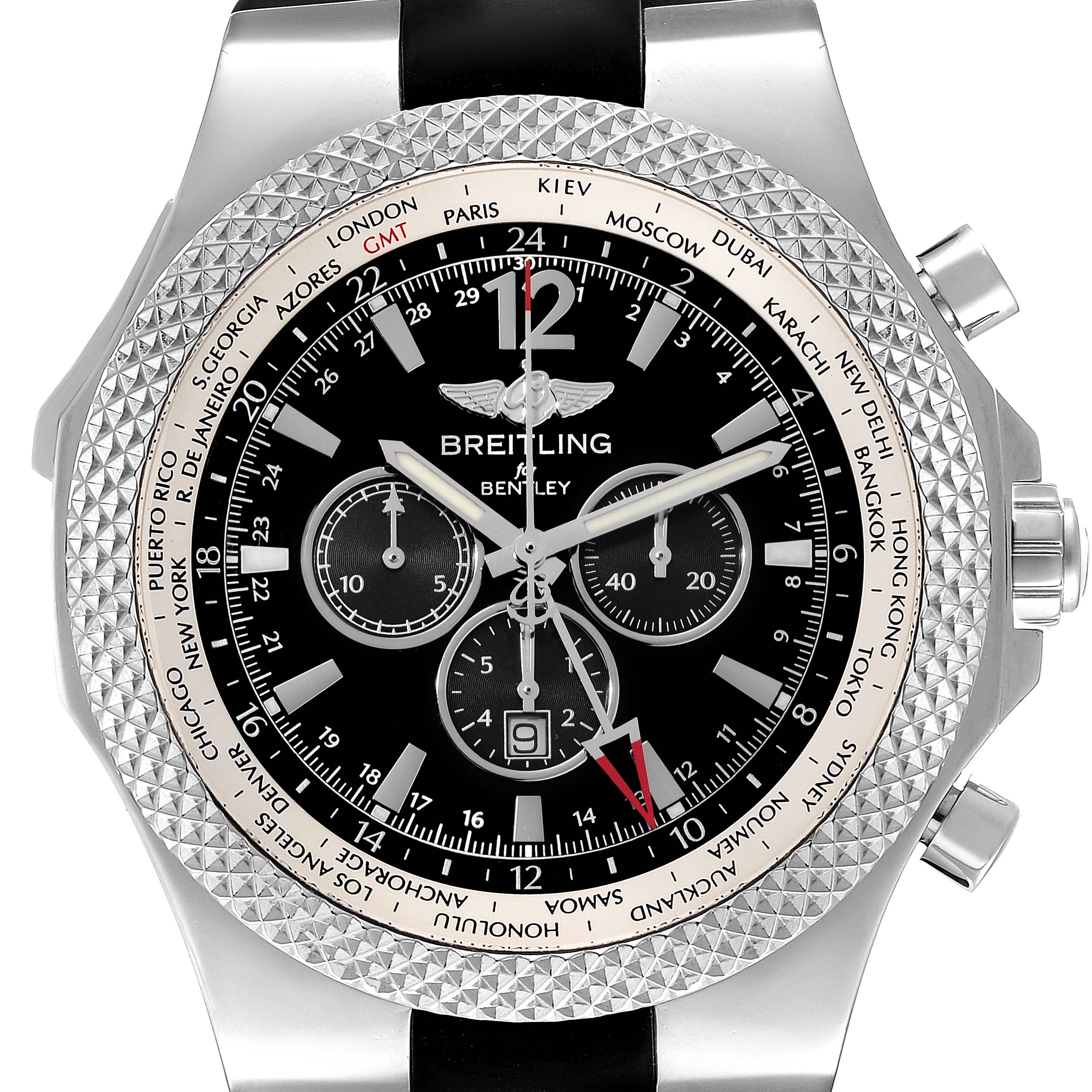 The image shows a frontal view of the Breitling Bentley A47362 Men's Stainless Steel Black Dial A47362 Men's Stainless Steel Black Dial watch, highlighting its bezel, dial, and chronograph sub-dials.