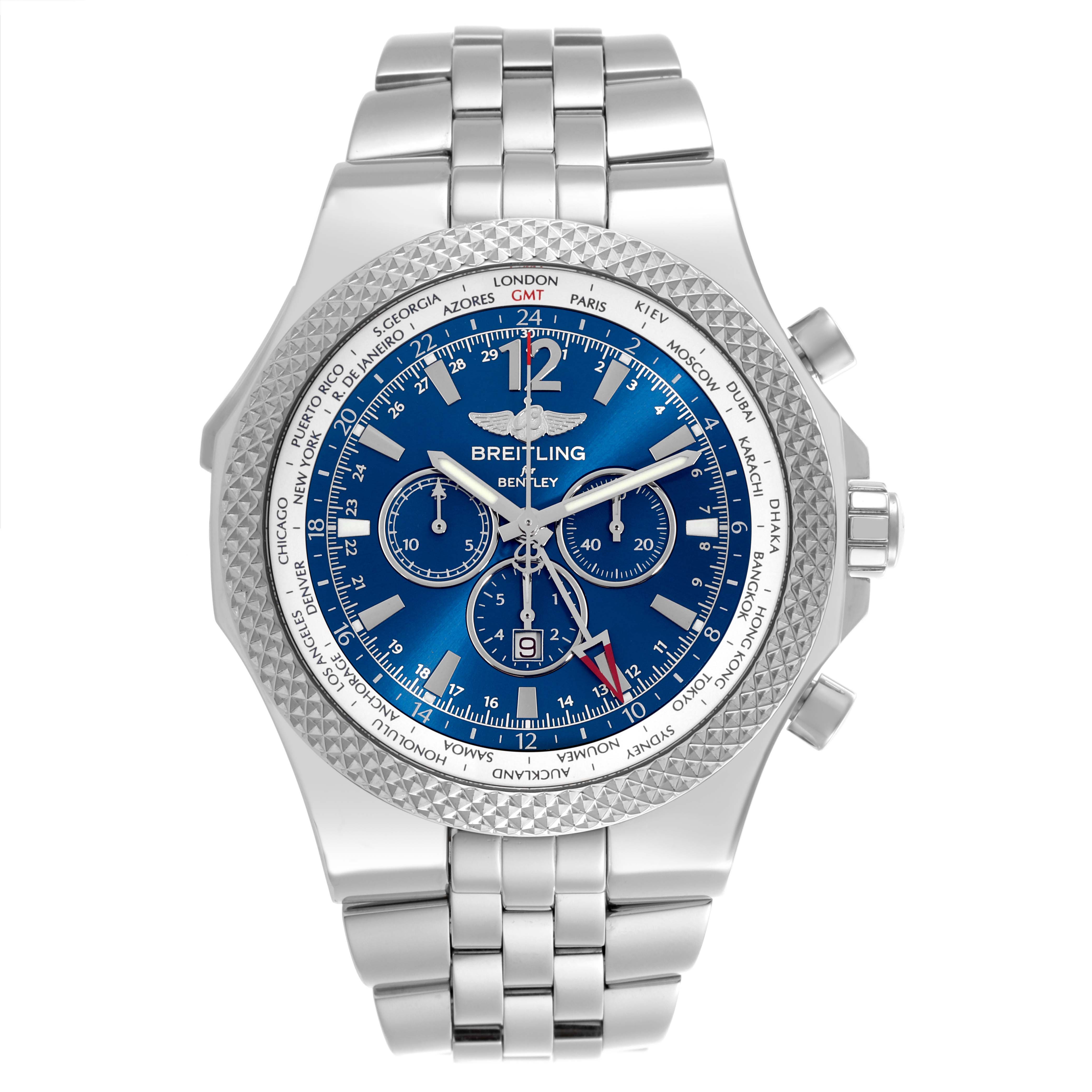 The Breitling Bentley A47362 Men's Stainless Steel Blue Dial A47362 Men's Stainless Steel Blue Dial watch is shown from the front, highlighting its blue dial, chronograph subdials, bezel, and bracelet.