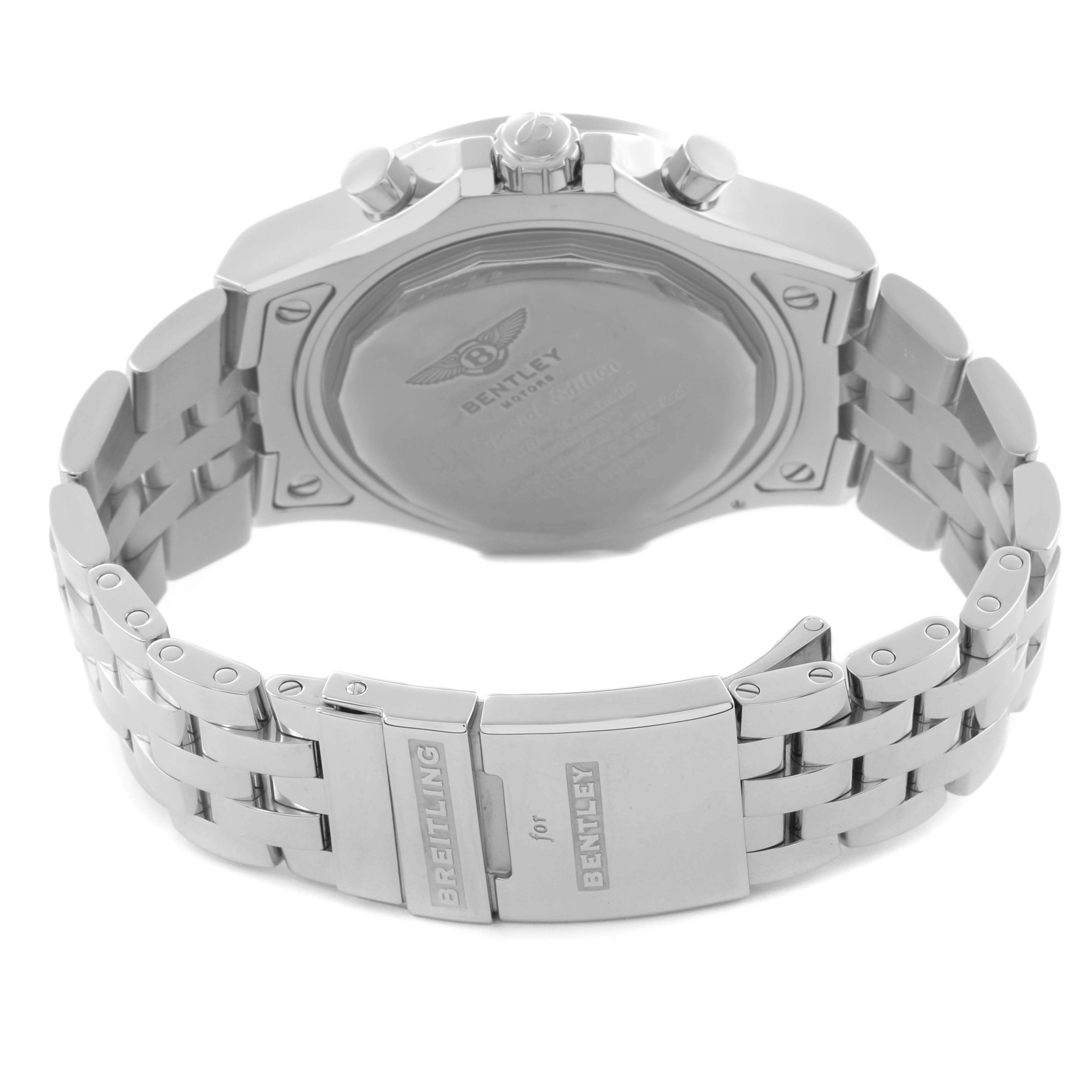 The Bentley model by Breitling is shown from the back, highlighting the case back, bracelet, and clasp with engraved branding.