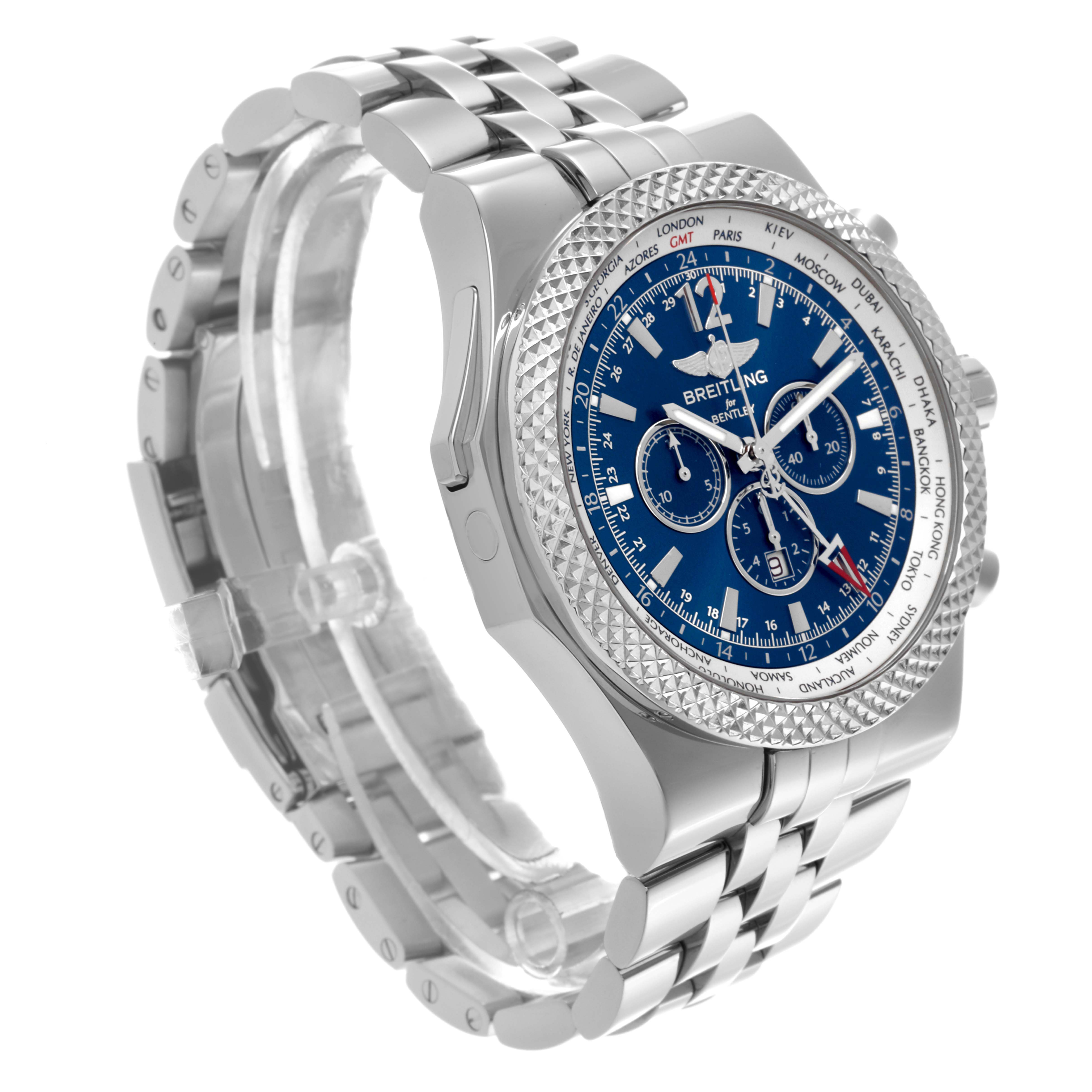The image shows a Breitling Bentley A47362 Men's Stainless Steel Blue Dial A47362 Men's Stainless Steel Blue Dial watch at a slight angle, highlighting the face, bezel, side buttons, and metal bracelet.