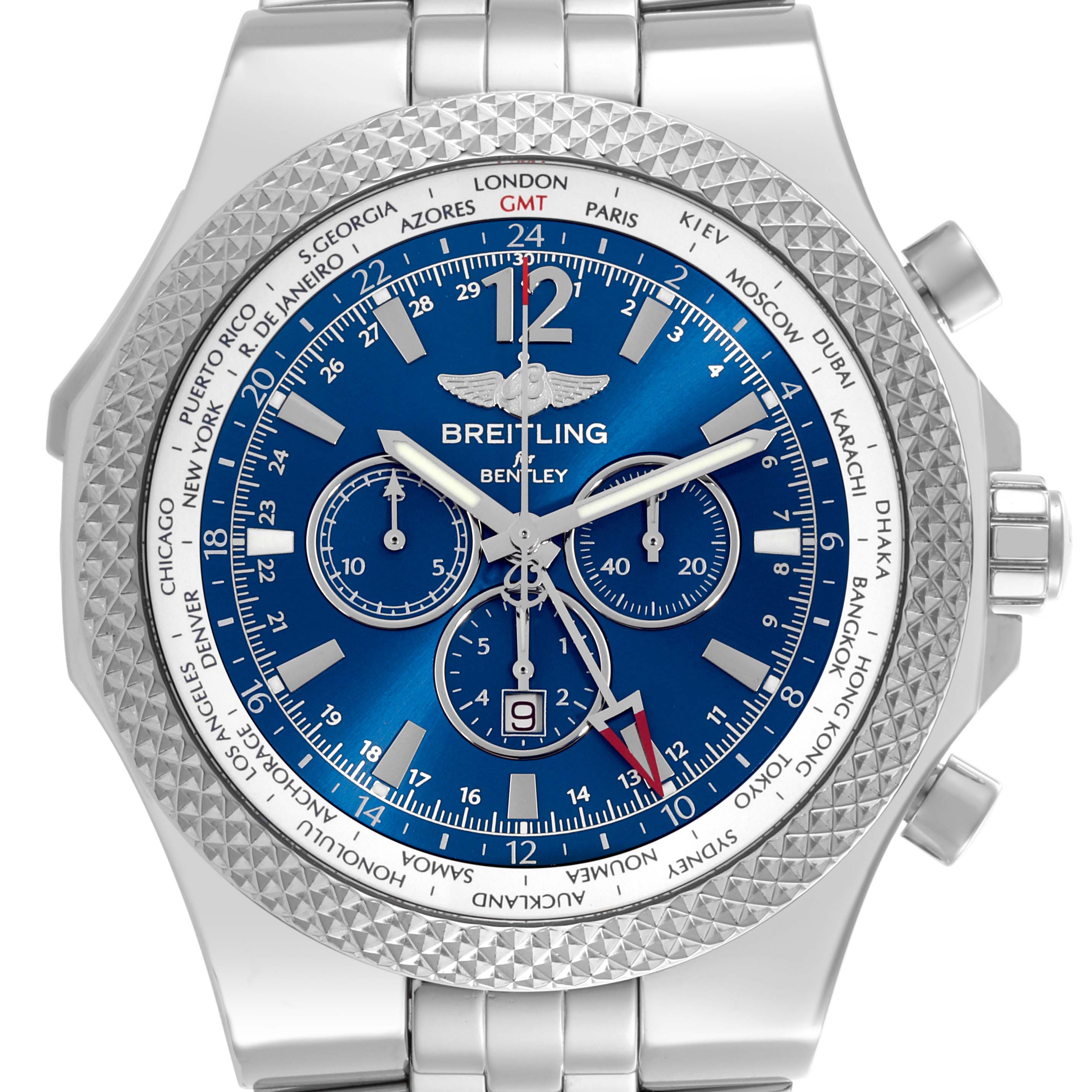 The image shows a front view of the Breitling Bentley A47362 Men's Stainless Steel Blue Dial A47362 Men's Stainless Steel Blue Dial watch, highlighting the blue dial, bezel, and chronograph features.