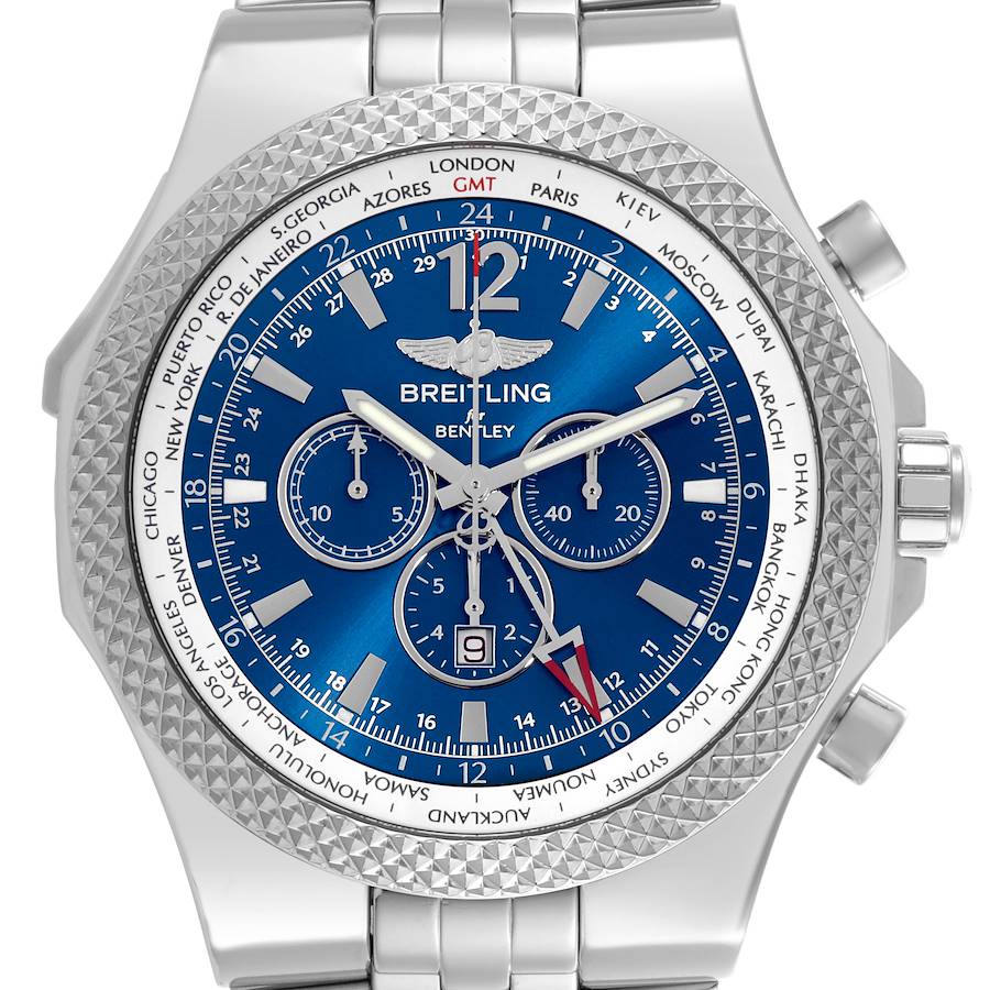 The image shows a front view of the Breitling Bentley watch, highlighting the blue dial, bezel, and chronograph features.