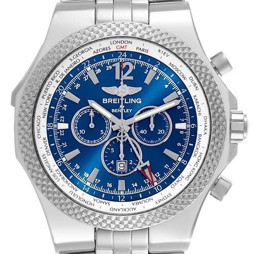 The Breitling Bentley watch is shown from a front angle, featuring a blue dial, silver bezel, and three subdials with a date display.