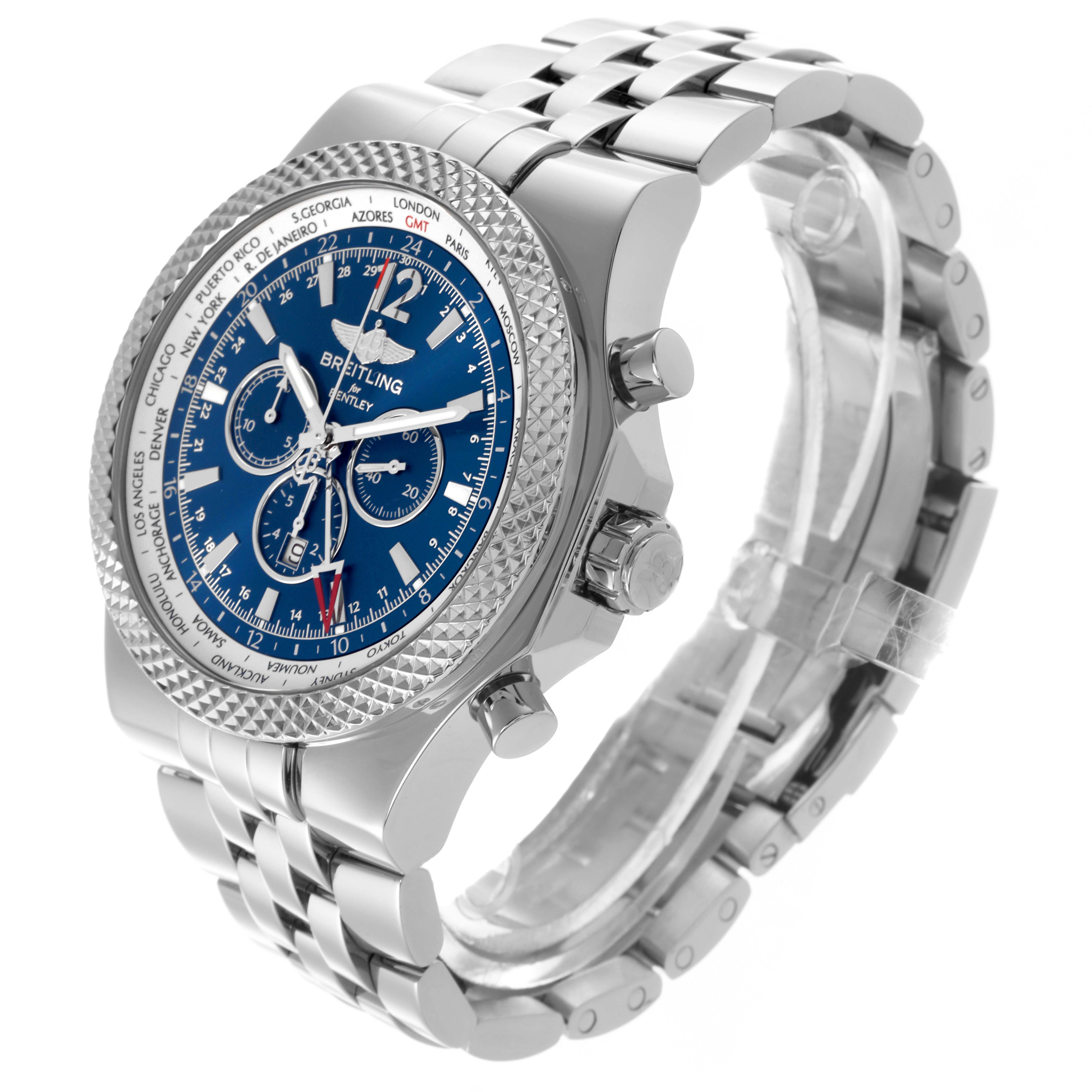 The Breitling Bentley A47362 Men's Stainless Steel Blue Dial A47362 Men's Stainless Steel Blue Dial watch is shown at an angled view, highlighting the bezel, dial, crown, pushers, and bracelet.
