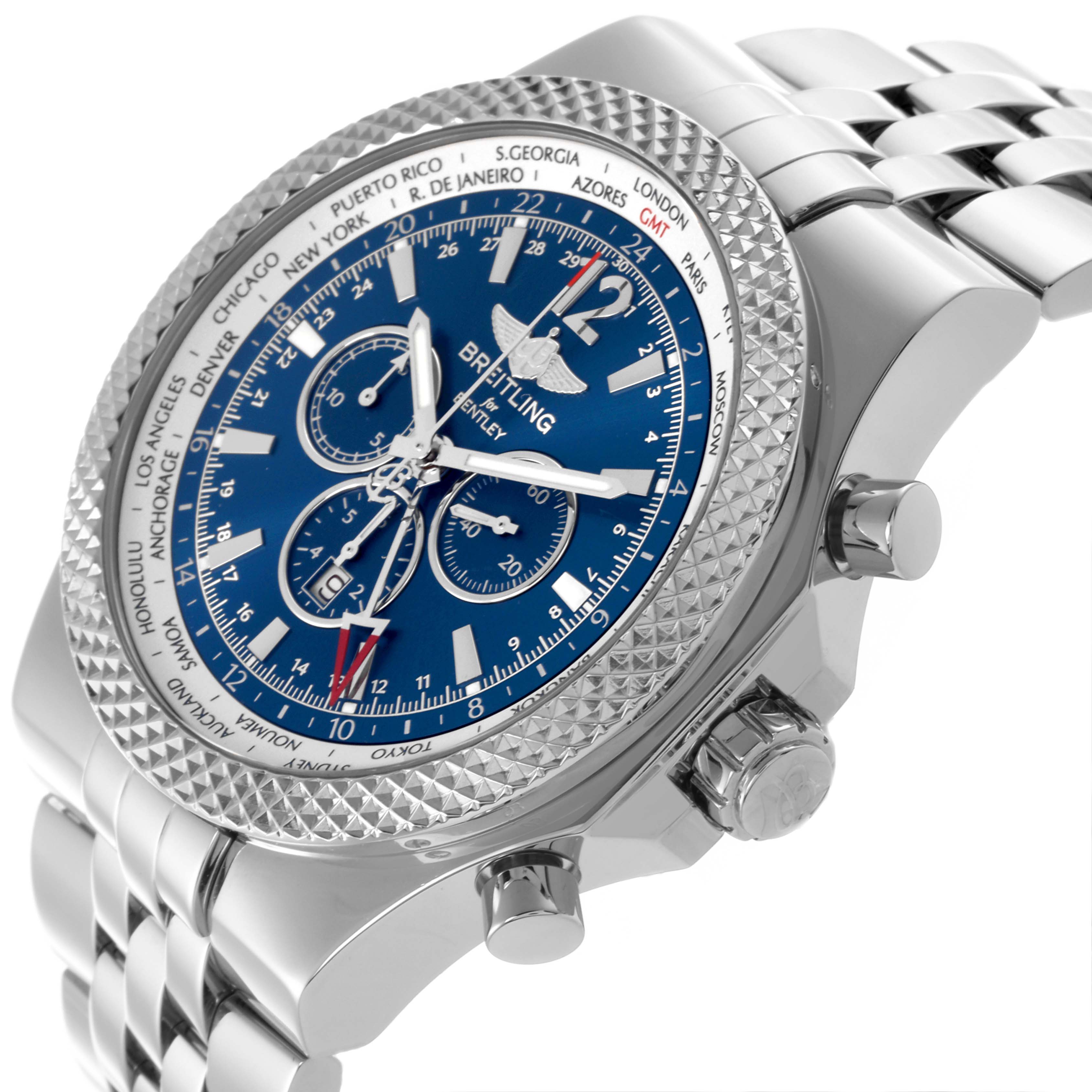 The Breitling Bentley A47362 Men's Stainless Steel Blue Dial A47362 Men's Stainless Steel Blue Dial watch is shown at an angle highlighting the blue dial, chronograph subdials, crown, and polished bracelet.