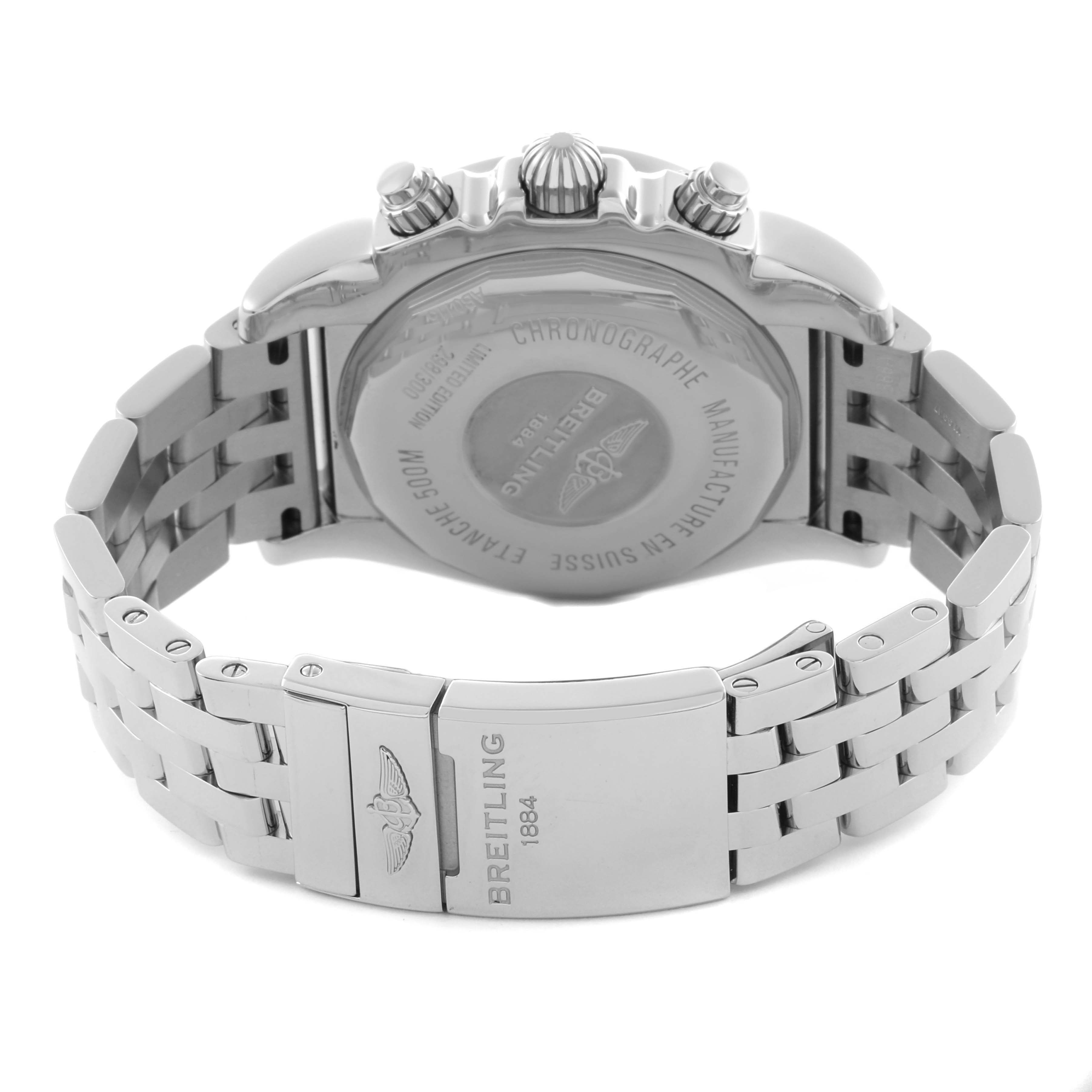 The image shows the back and clasp of a Breitling Chronomat AB011511/F577 Men's Stainless Steel Grey Dial AB011511/F577 Men's Stainless Steel Grey Dial watch, highlighting the case back and bracelet links.