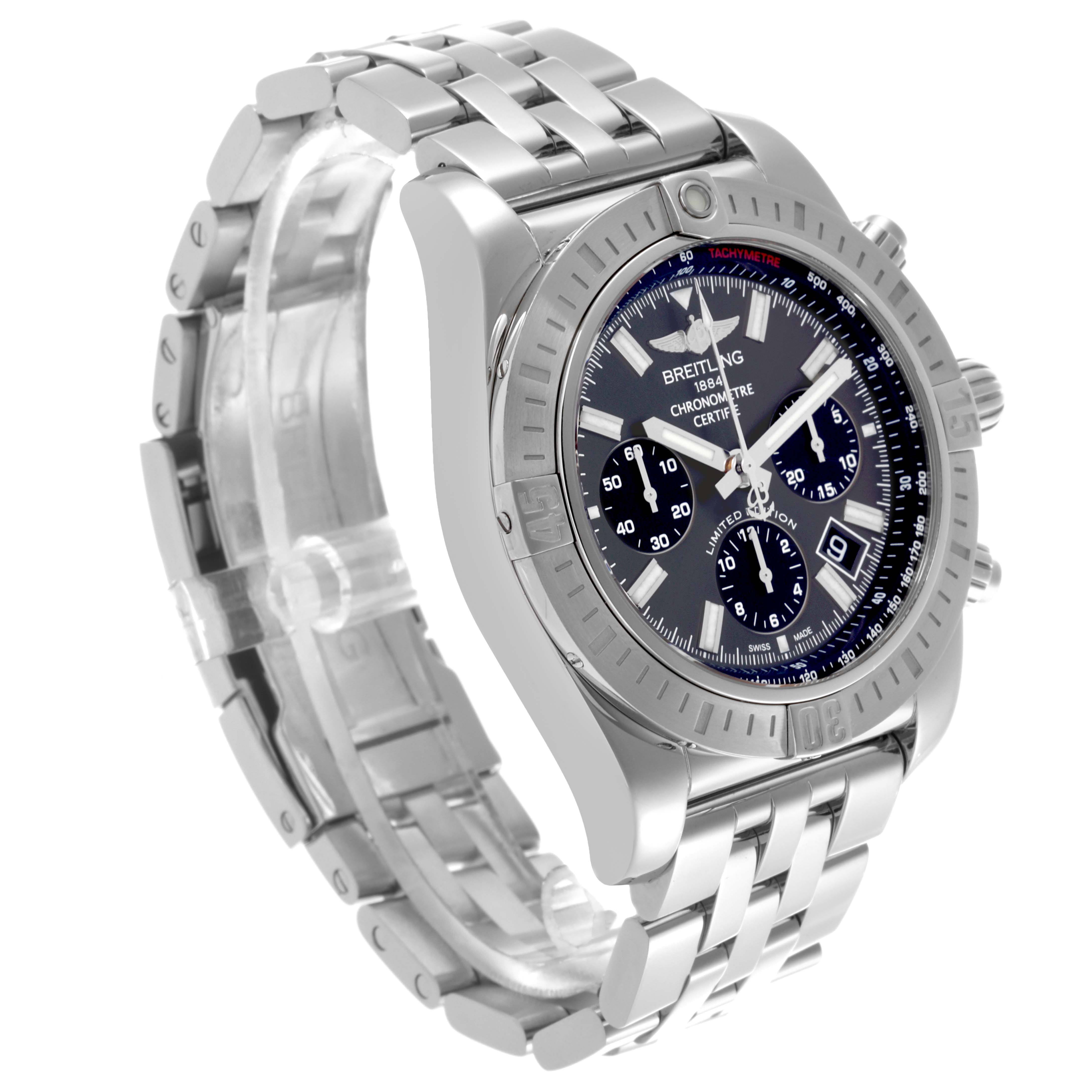 The Breitling Chronomat AB011511/F577 Men's Stainless Steel Grey Dial AB011511/F577 Men's Stainless Steel Grey Dial watch is shown at an angle displaying the face, bezel, crown, and stainless steel bracelet.