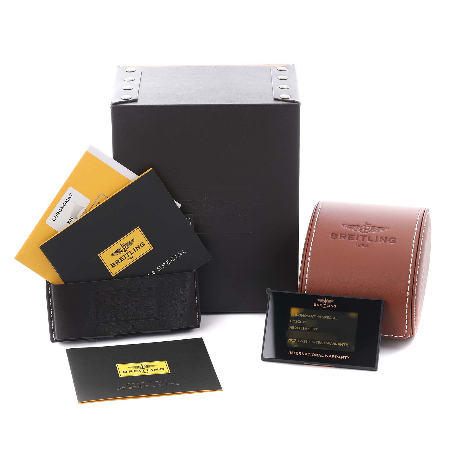 The image shows a Breitling Chronomat AB011511/F577 Men's Stainless Steel Grey Dial AB011511/F577 Men's Stainless Steel Grey Dial watch set including boxes, warranty card, and documentation viewed from the front.