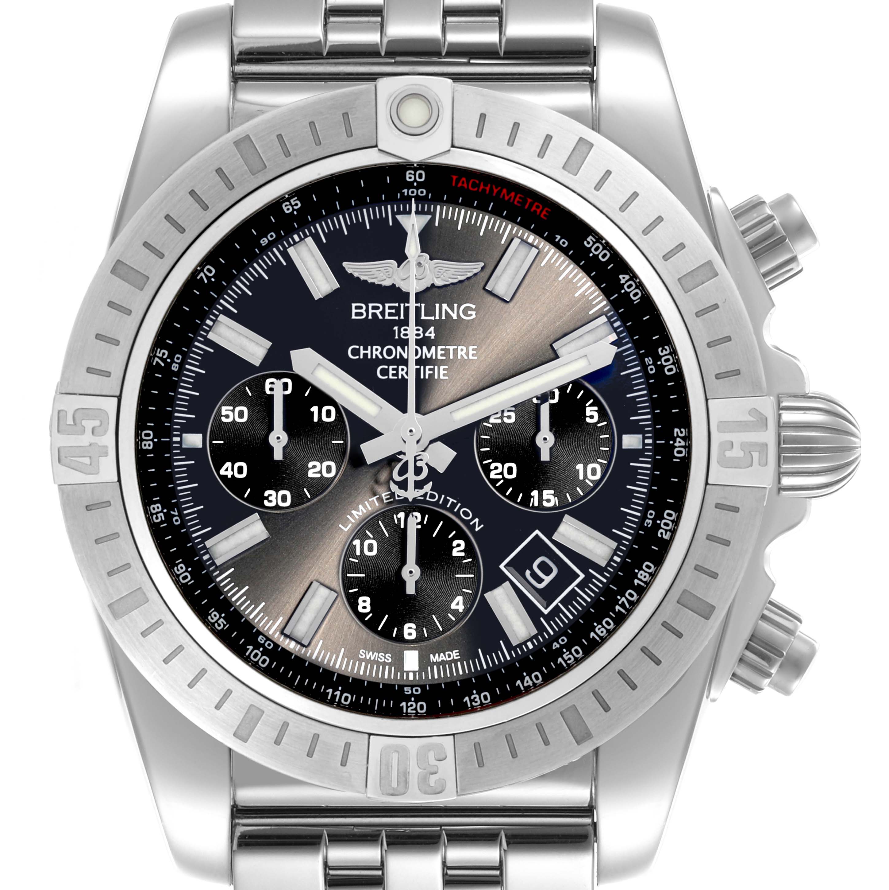 The Breitling Chronomat AB011511/F577 Men's Stainless Steel Grey Dial AB011511/F577 Men's Stainless Steel Grey Dial watch is shown from the front, highlighting its dial, bezel, subdials, and bracelet.