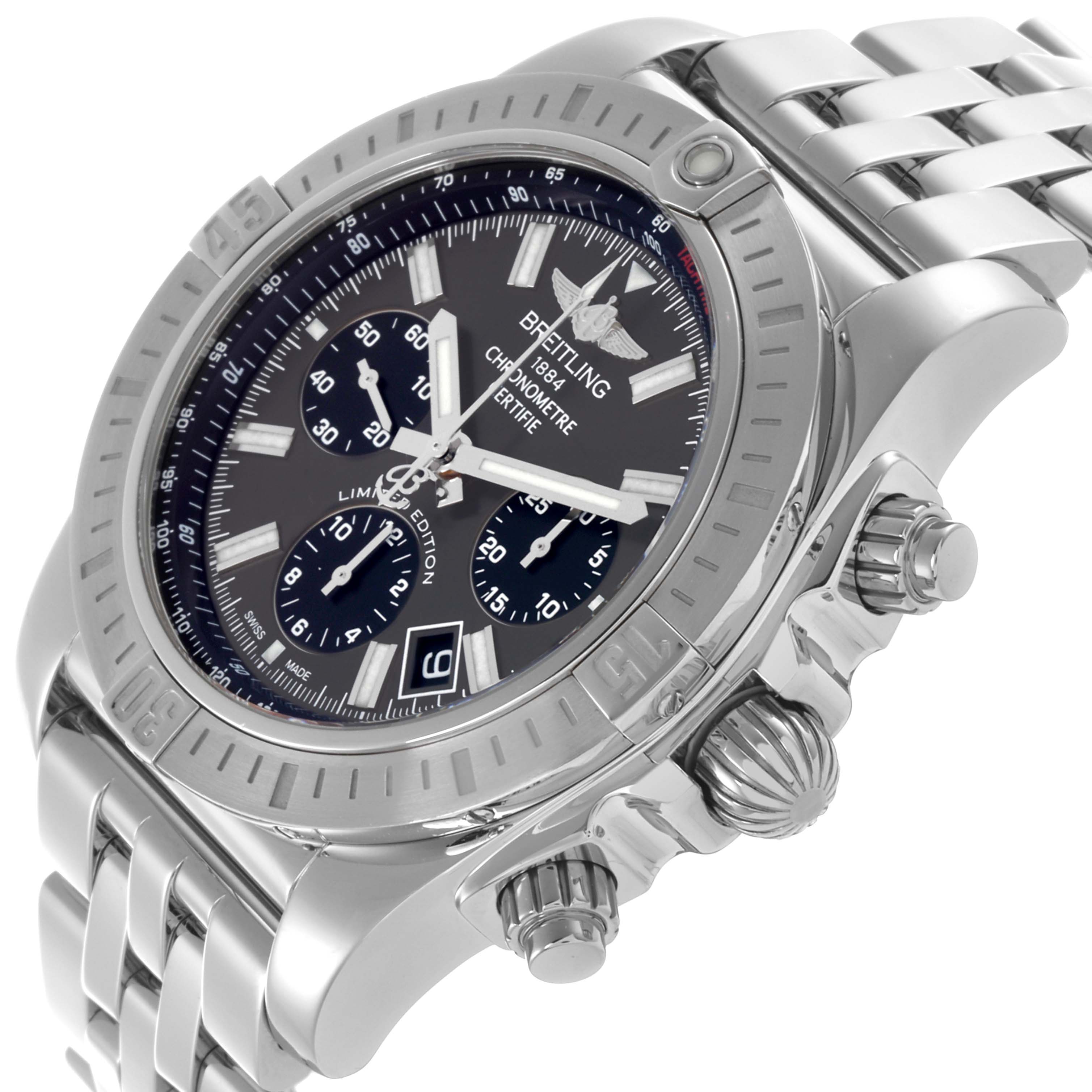 The Breitling Chronomat AB011511/F577 Men's Stainless Steel Grey Dial AB011511/F577 Men's Stainless Steel Grey Dial watch is shown at an angled side view, highlighting the bezel, crown, and part of the bracelet.