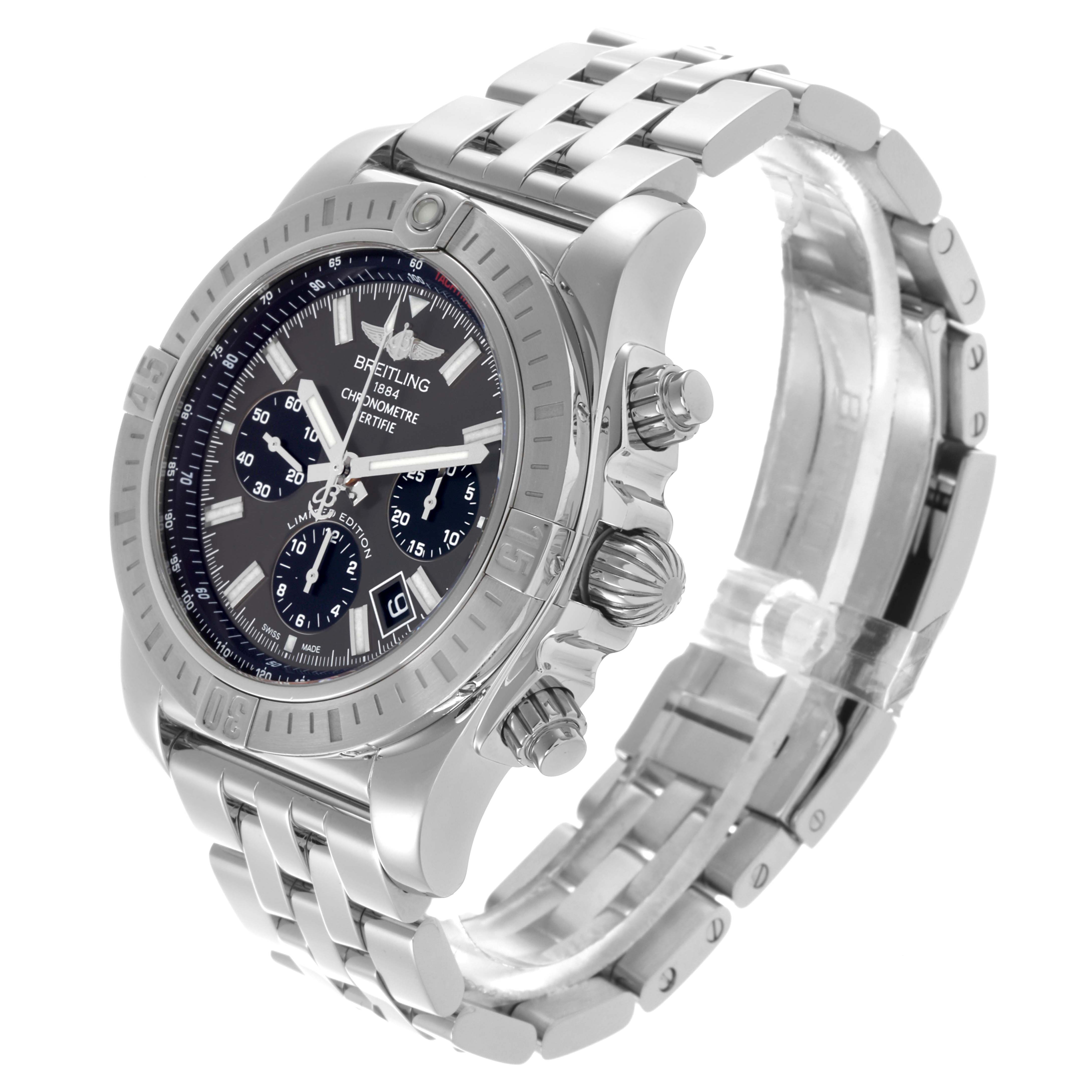 The Breitling Chronomat AB011511/F577 Men's Stainless Steel Grey Dial AB011511/F577 Men's Stainless Steel Grey Dial watch is shown at a three-quarter angle, highlighting the face, bezel, crown, and metal bracelet.