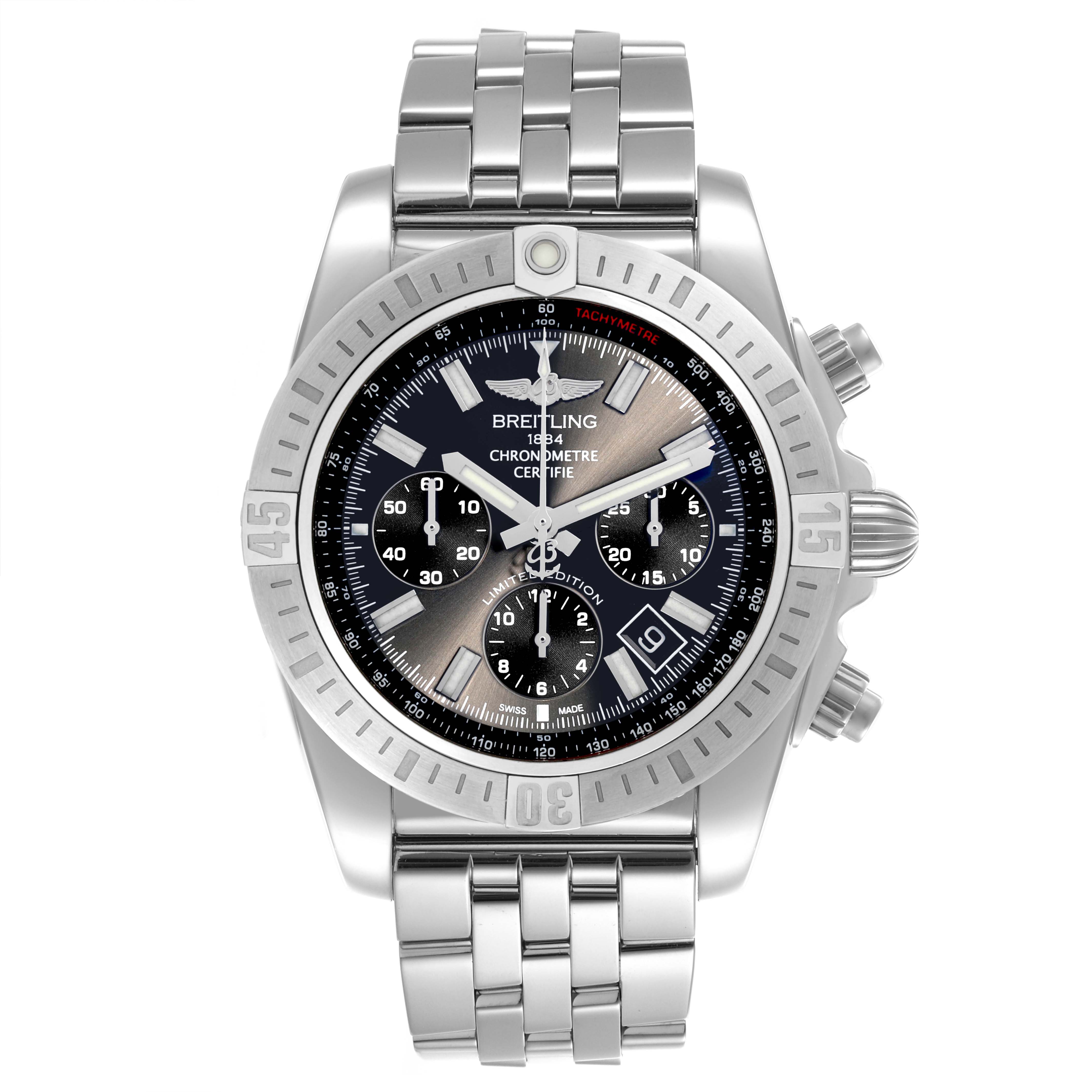 The Breitling Chronomat AB011511/F577 Men's Stainless Steel Grey Dial AB011511/F577 Men's Stainless Steel Grey Dial watch is shown from a top-down angle, displaying the face, bezel, and bracelet.