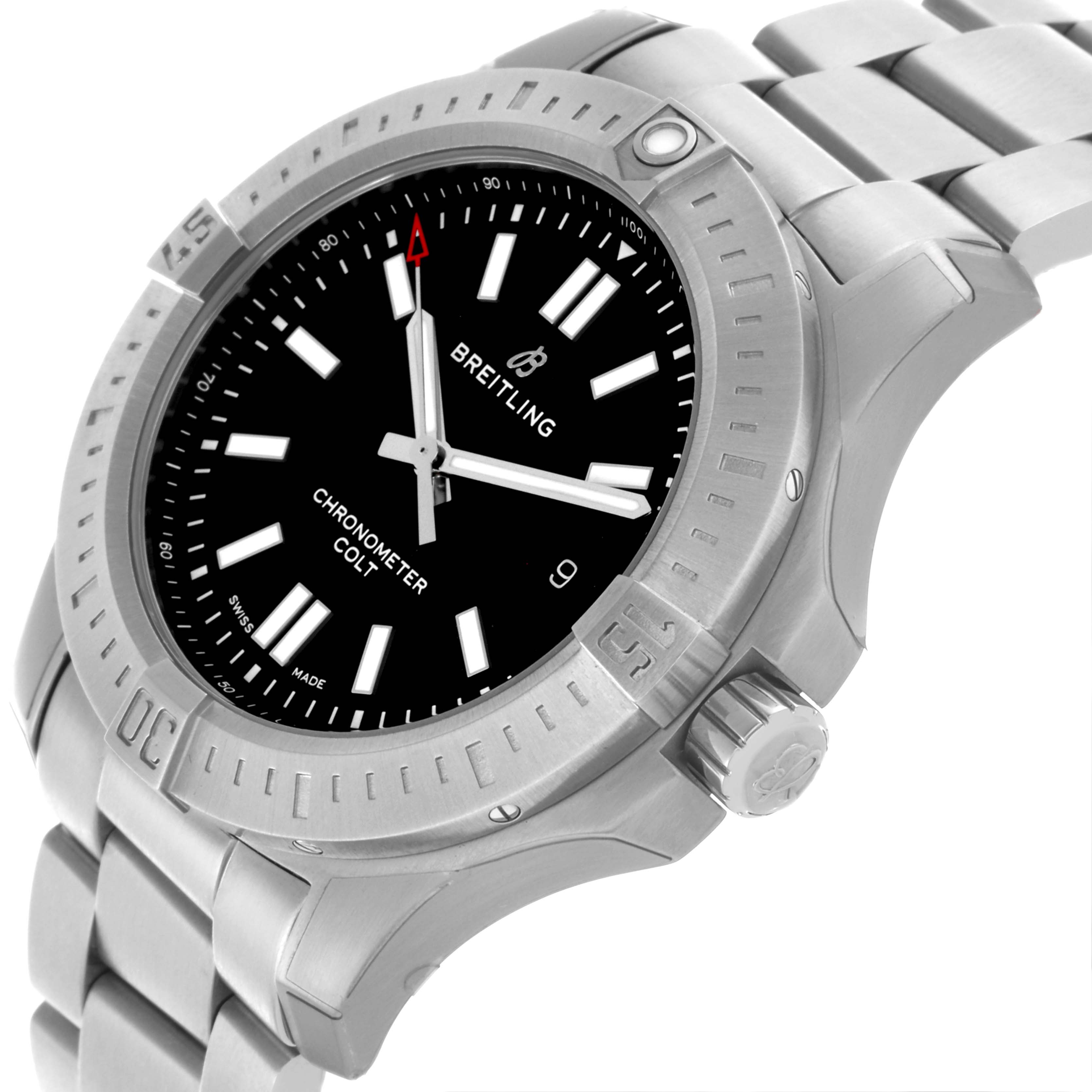 The Breitling Colt A17388101B1A1 Men's Stainless Steel Black Dial A17388101B1A1 Men's Stainless Steel Black Dial watch is shown at an angle highlighting the bezel, dial, and crown, with part of the bracelet visible.
